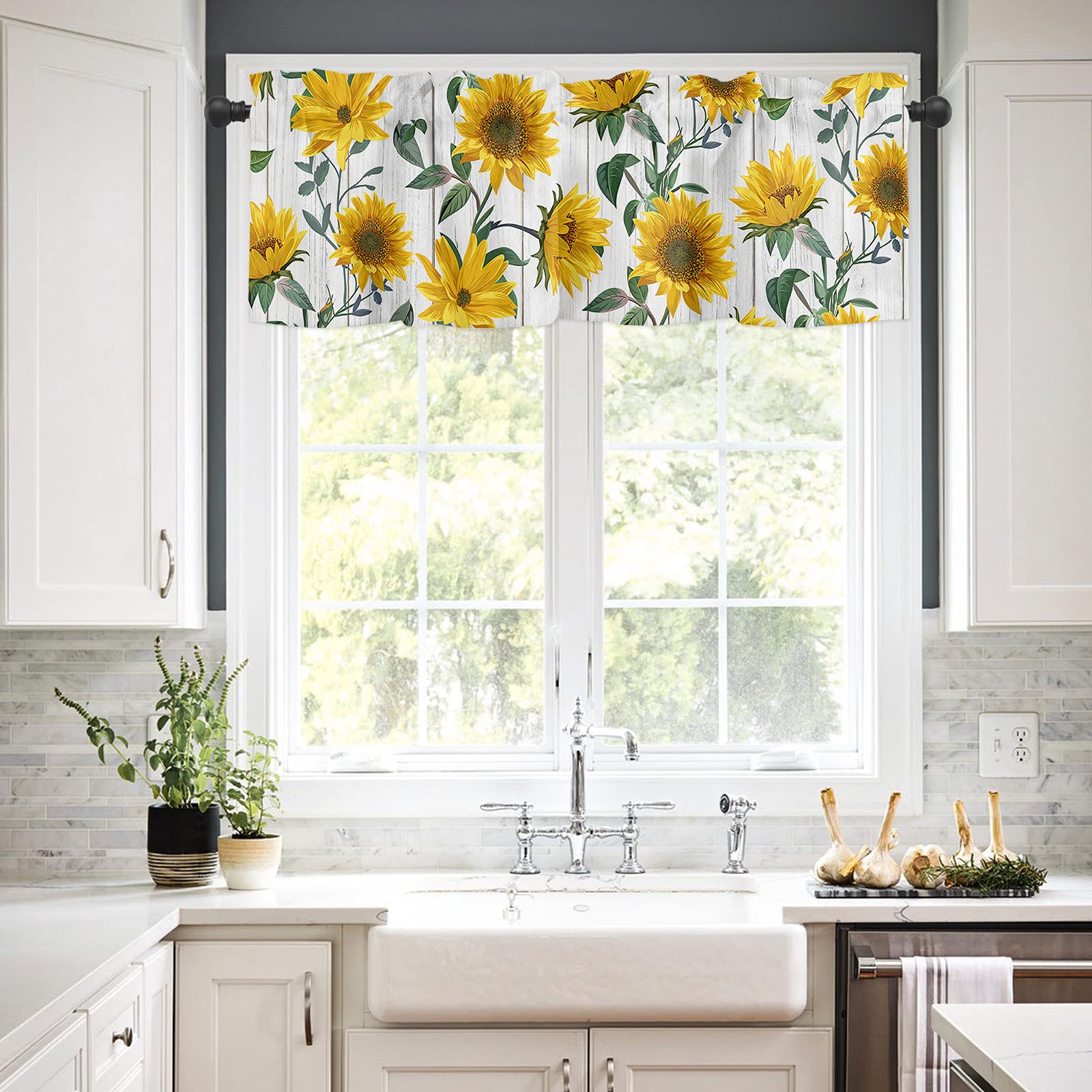 Sunflower Valance Curtains - Yellow Floral Rod Pocket Window Valance for Living Room, Bedroom, Bathroom & Kitchen - 54x18 Inches Black Panel - Perfect for Small Windows, Home Decor & Window Treatment