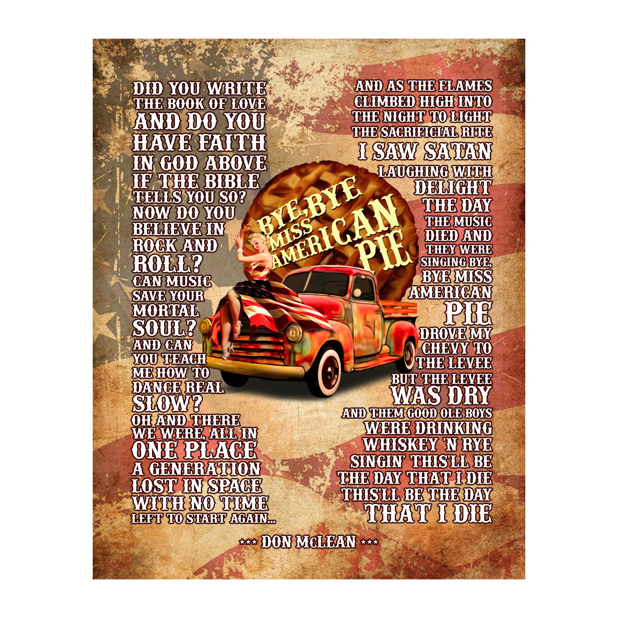 Don McLean American Pie Music Wall Art - Rustic American Flag Print for Home, Office, Bedroom & Man Cave Decor - Unframed 11x14 - Perfect for Music Lovers & Patriotic Room Aesthetics