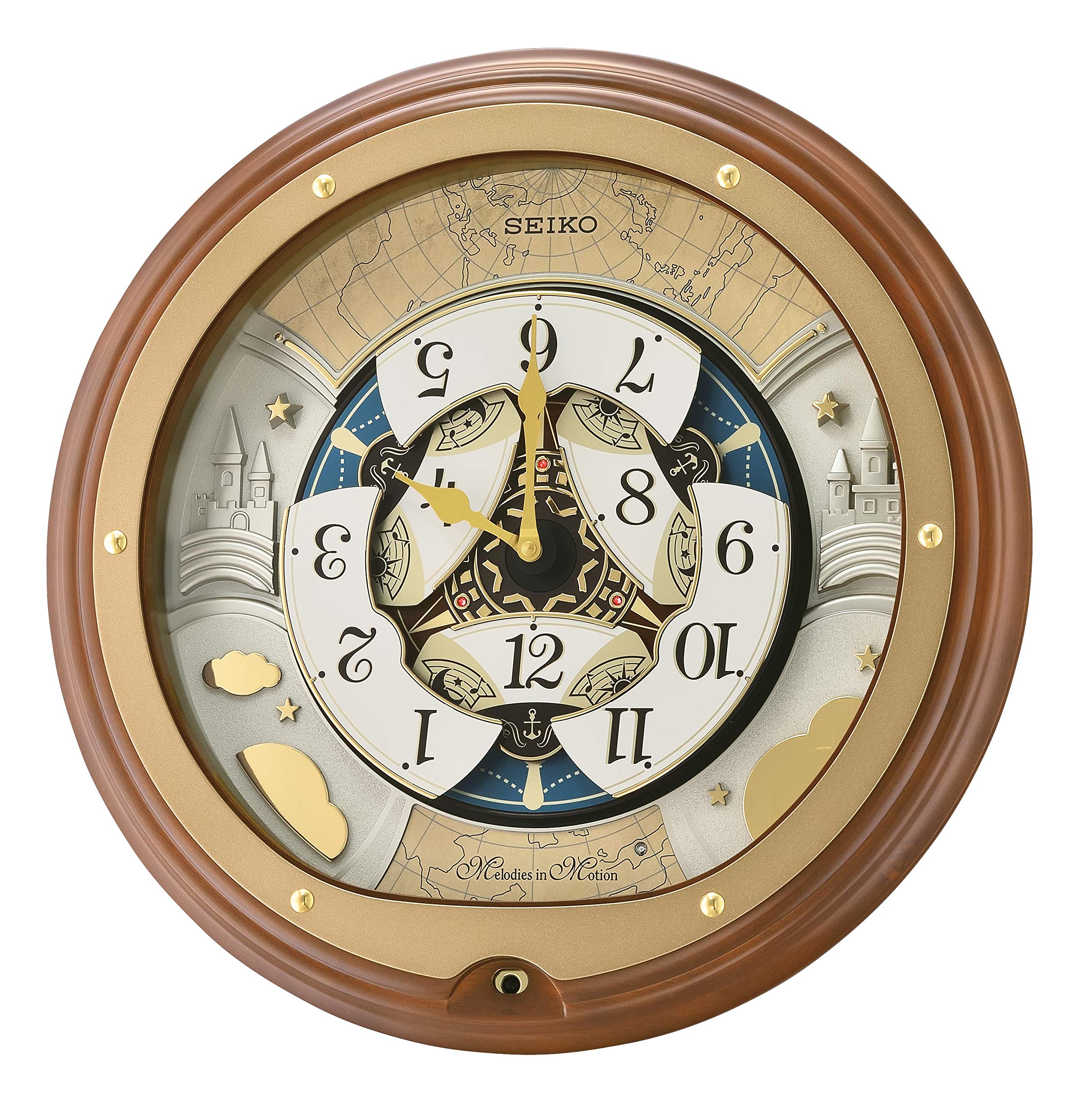 Seiko Melodies in Motion Wall Clock with Atlas Design - Battery Operated Musical Quartz Clock for Living Room, Bedroom & Office Decor