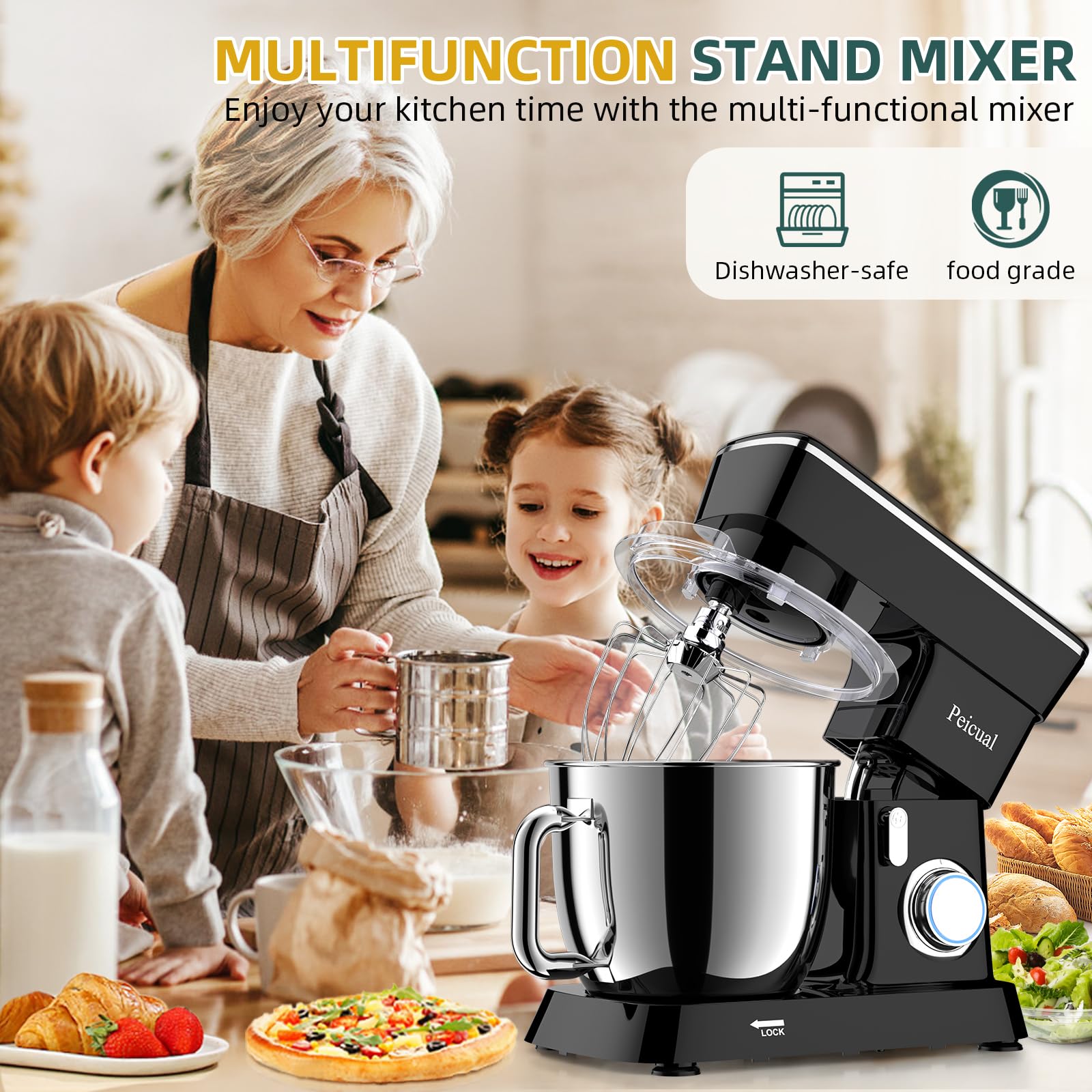 6QT Stand Mixer, 10-Speed Tilt-Head Electric Kitchen Mixer with Stainless Steel Bowl, Dough Hook, Flat Beater & Wire Whisk - Perfect for Baking, Whipping Cream & Kneading Dough - Black