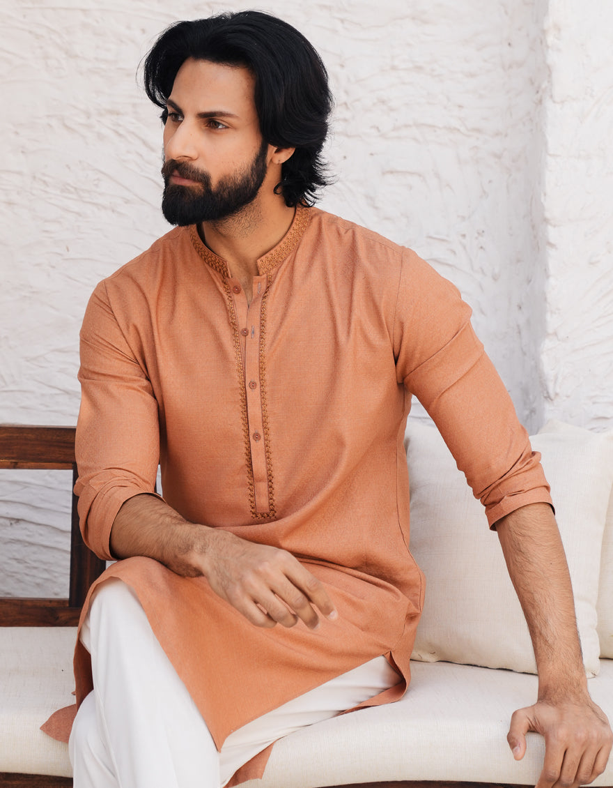 Blended Orange Kurta by J. Junaid Jamshed - Stylish Pakistani Traditional Dress for Women, Perfect for Eid, Weddings & Festive Occasions
