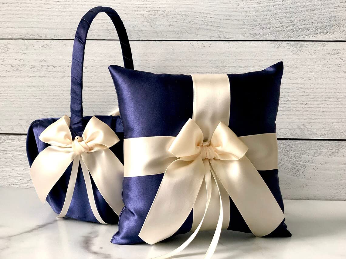 Ivory Navy Flower Girl Basket and Ring Bearer Pillow Set - Wedding Ring Holder Pillow with Navy Basket (2 Pillows + 1 Basket) - Perfect for Wedding Ceremonies, Bridal Showers, and Photo Shoots