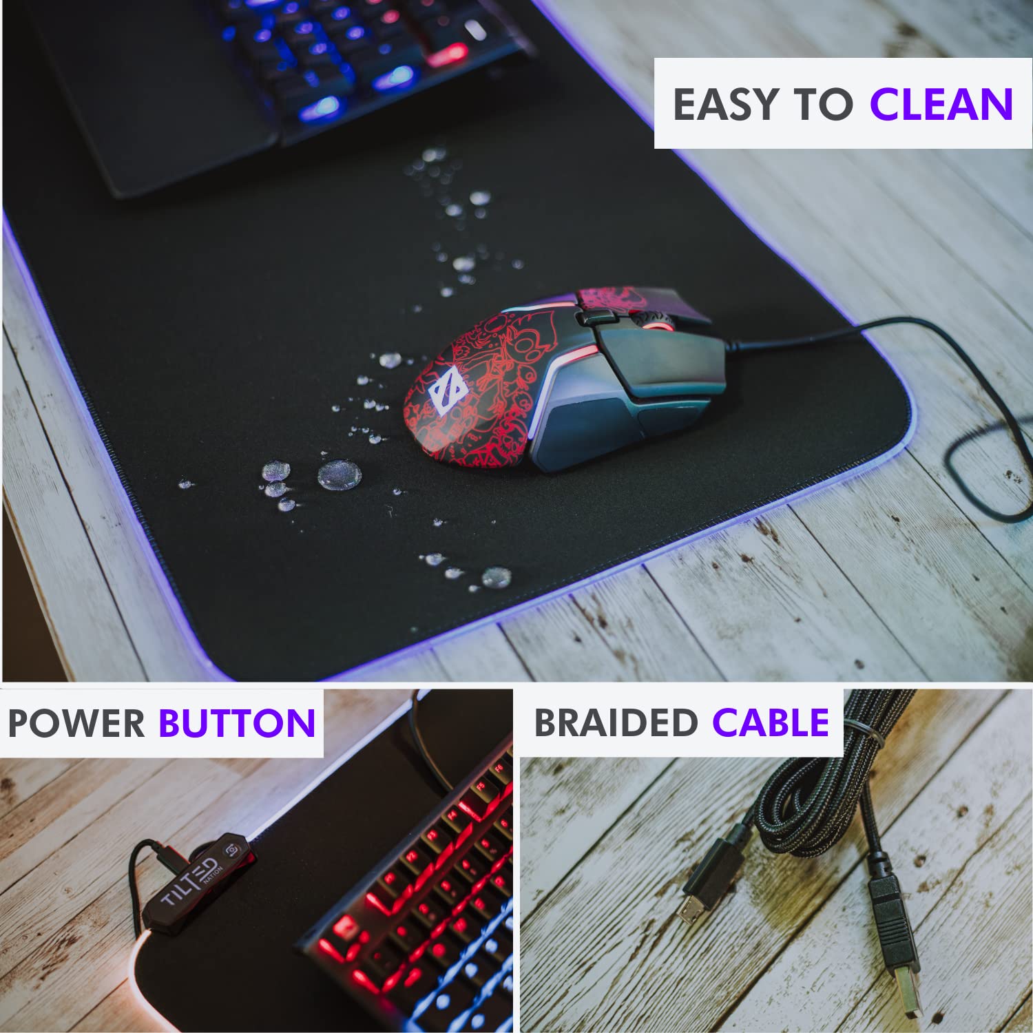 Tilted Nation RGB Gaming Mouse Pad - Large LED Mouse Mat with 8 Adjustable Light Modes, Non-Slip Rubber Base & Waterproof Surface - Perfect for PC Gaming Setup, Office Workstation & Streaming Battlestation