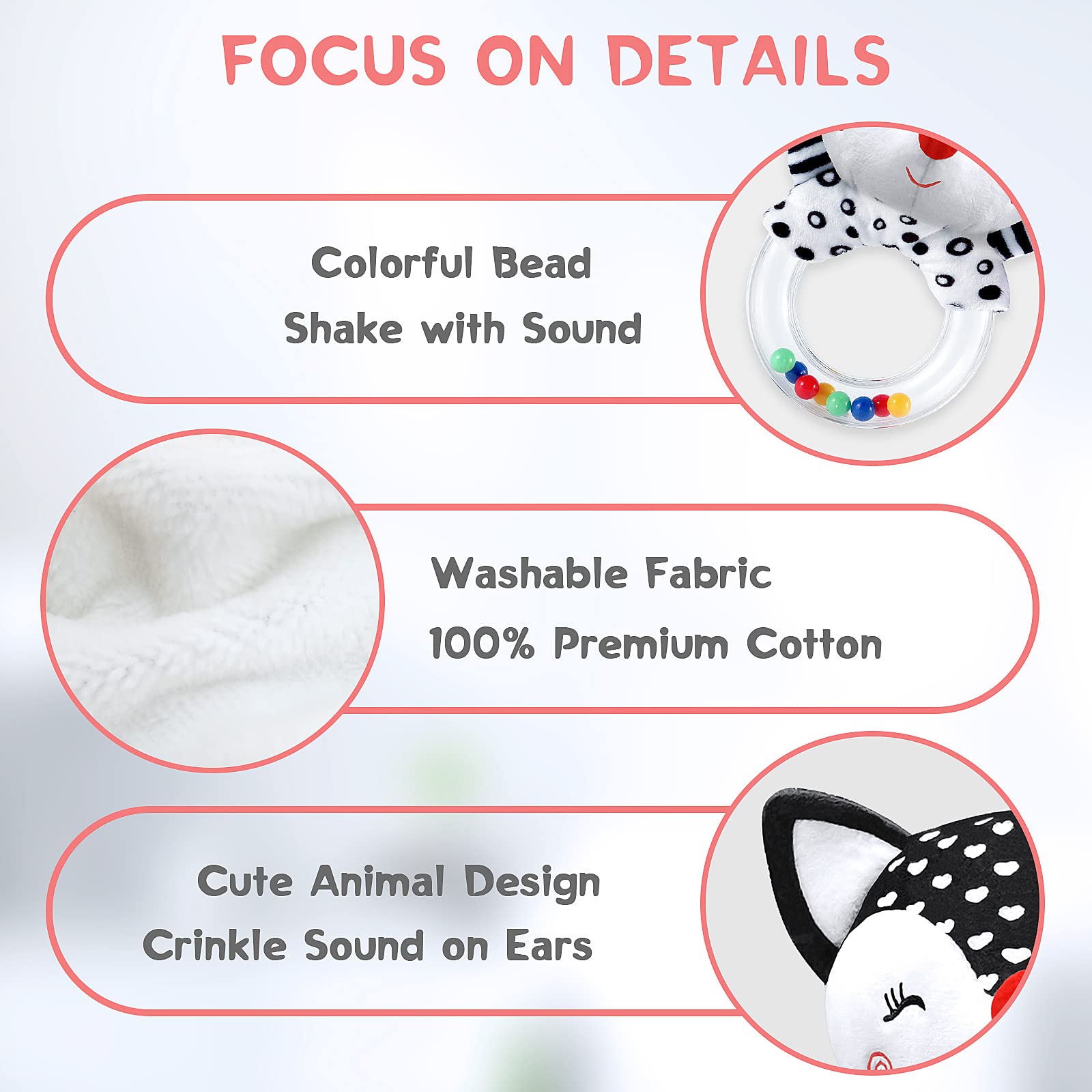 High Contrast Black & White Baby Rattles 0-12 Months - Newborn Sensory Toys for 0-3 6 9 12 Month Old Boys & Girls - Perfect for Early Visual Development & Tummy Time Play
