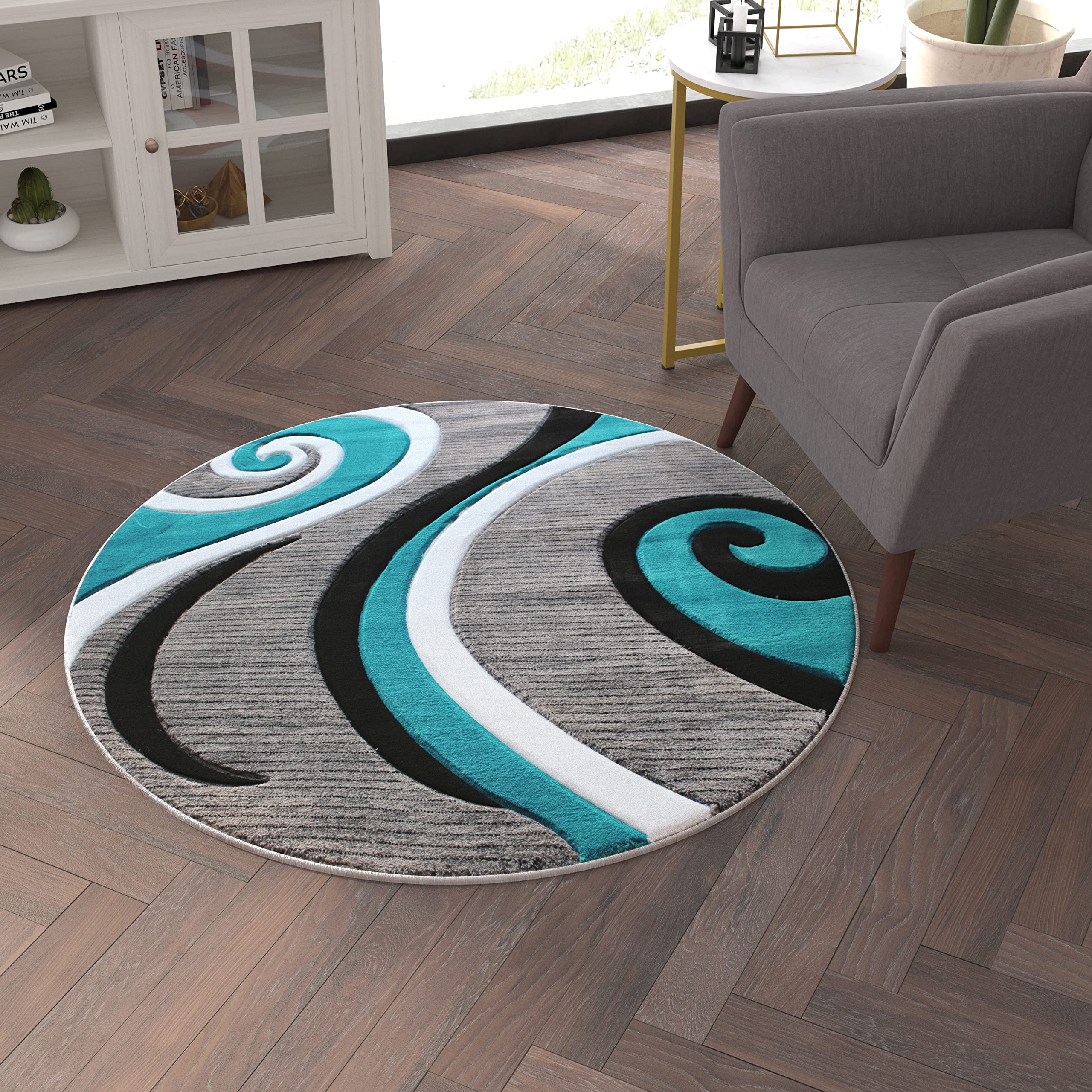 EMMA + OLIVER Cambre 4x4 Round Olefin Accent Rug - 3D Sculpted Intersecting Arch Design in Turquoise, Gray, Black & White with Jute Backing - Perfect for Living Room, Bedroom or Office Decor