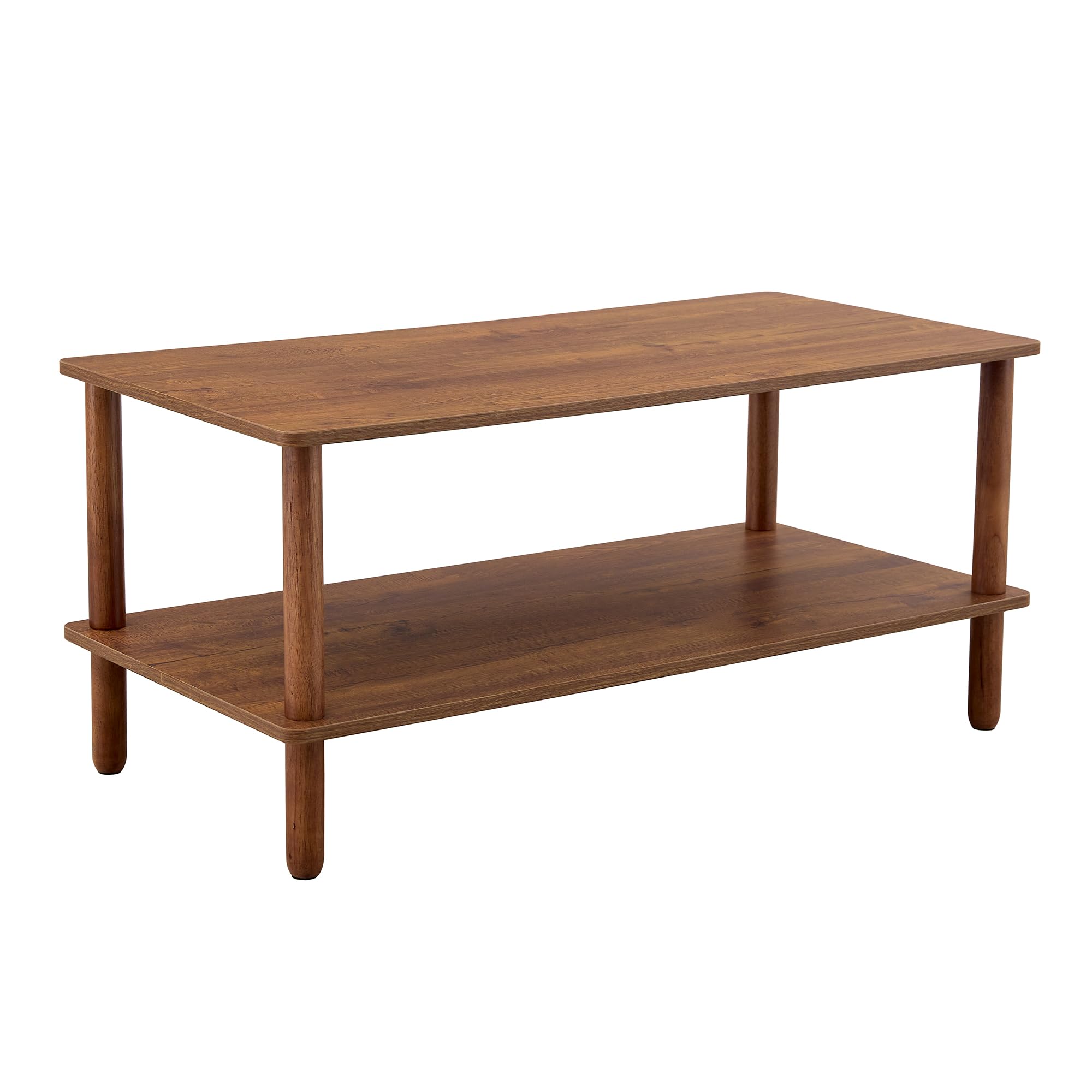 Modern 2-Tier Coffee Table with Storage - Walnut Brown Wooden Center Table for Living Room | Durable Rubberwood Furniture for Home Decor