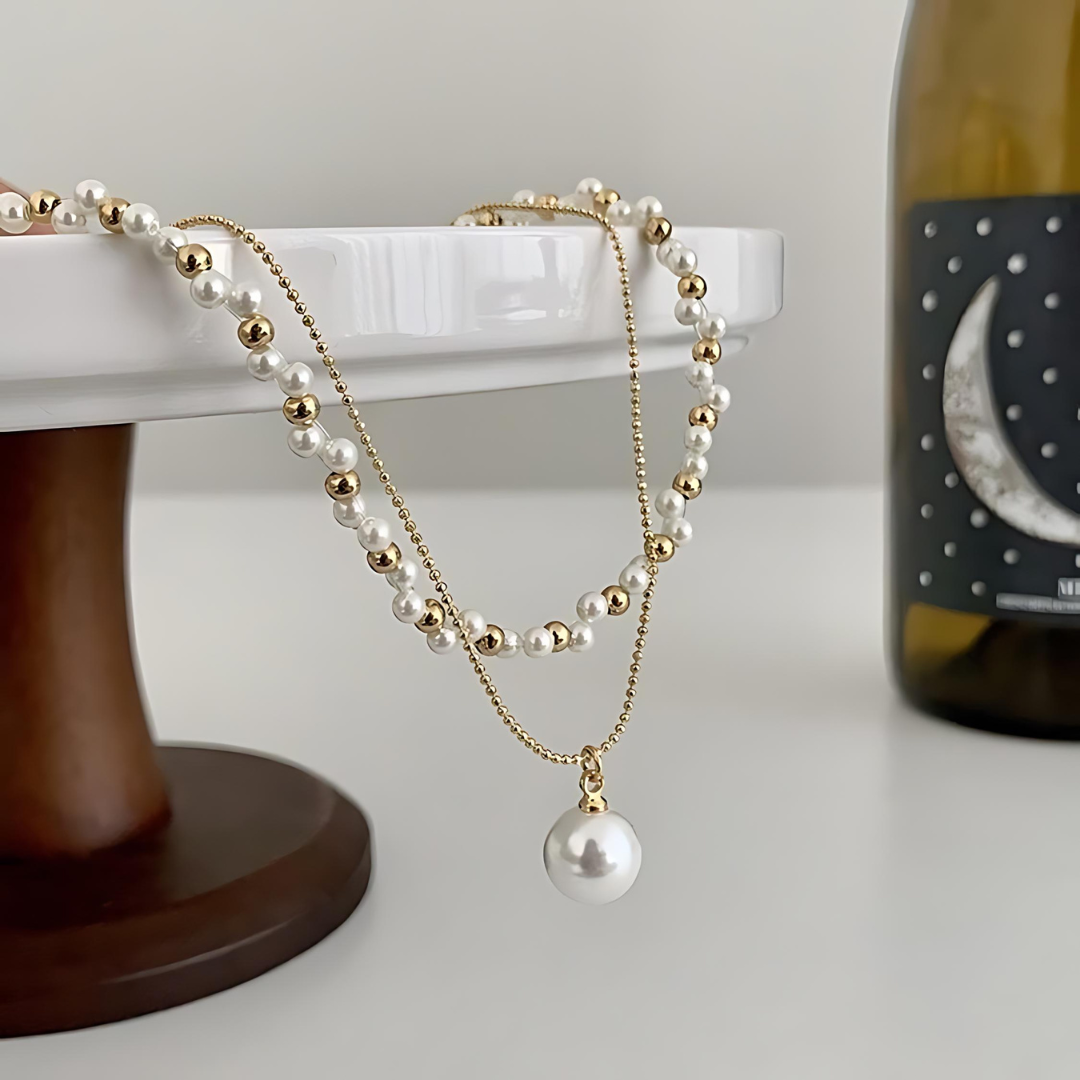 Elegant Beaded Layering Necklace with Pearl Pendant - HN8552 | Women's Fashion Jewelry for Parties, Weddings & Everyday Wear