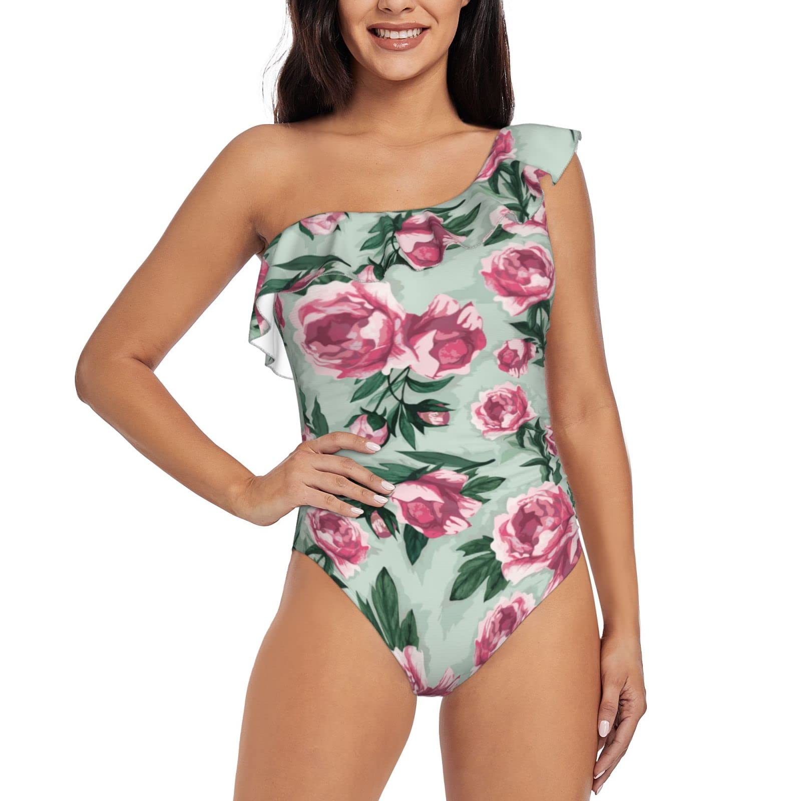 **Women's One Shoulder Asymmetric Ruffle One Piece Swimsuits - Floral Print Bathing Suit for Beach, Pool & Vacation**