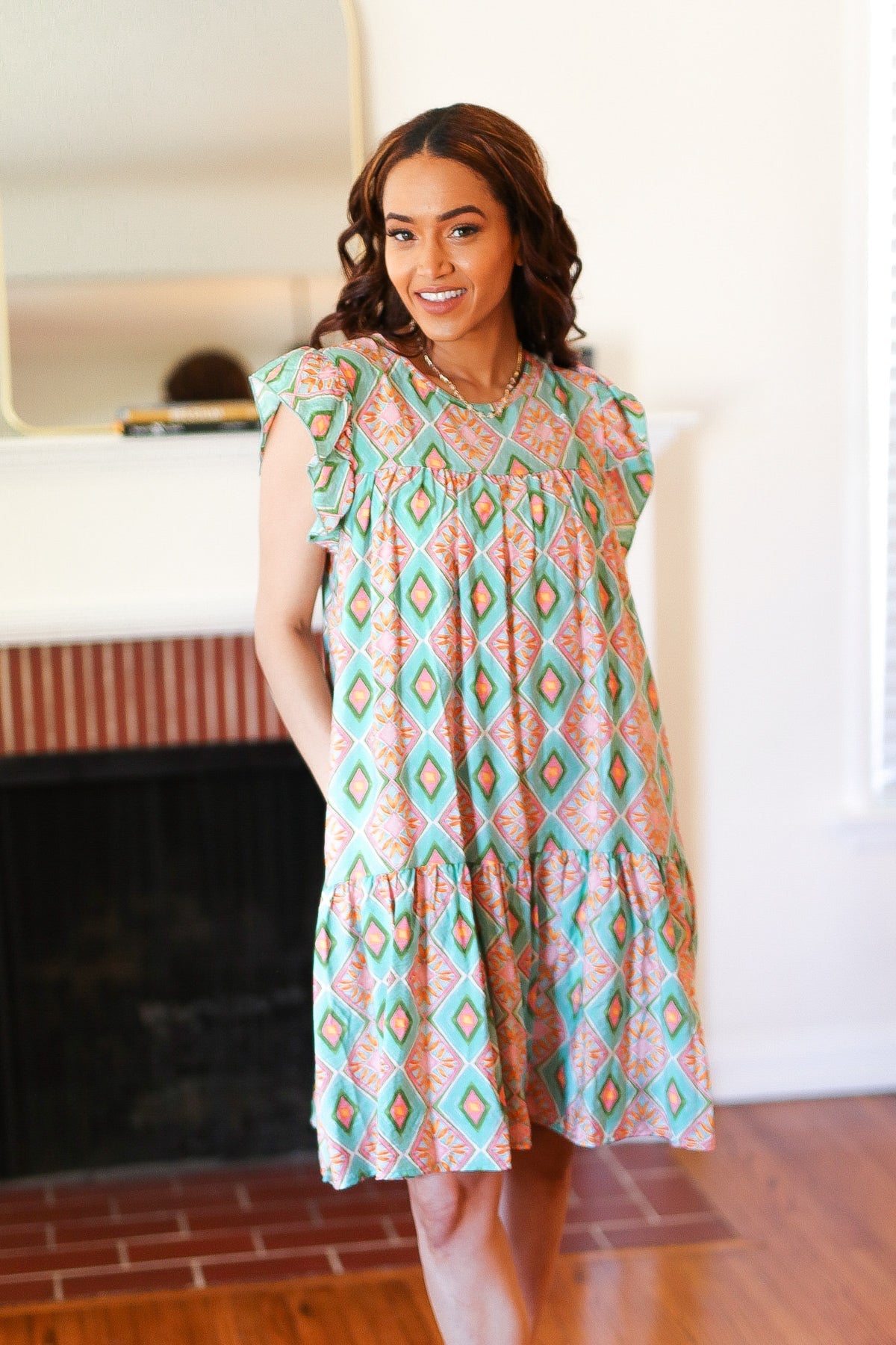 Stylish Mint Geo Boho Print Yoke Poplin Woven Dress for Women - Perfect for Summer Vacations, Beach Outings & Boho Chic Fashion