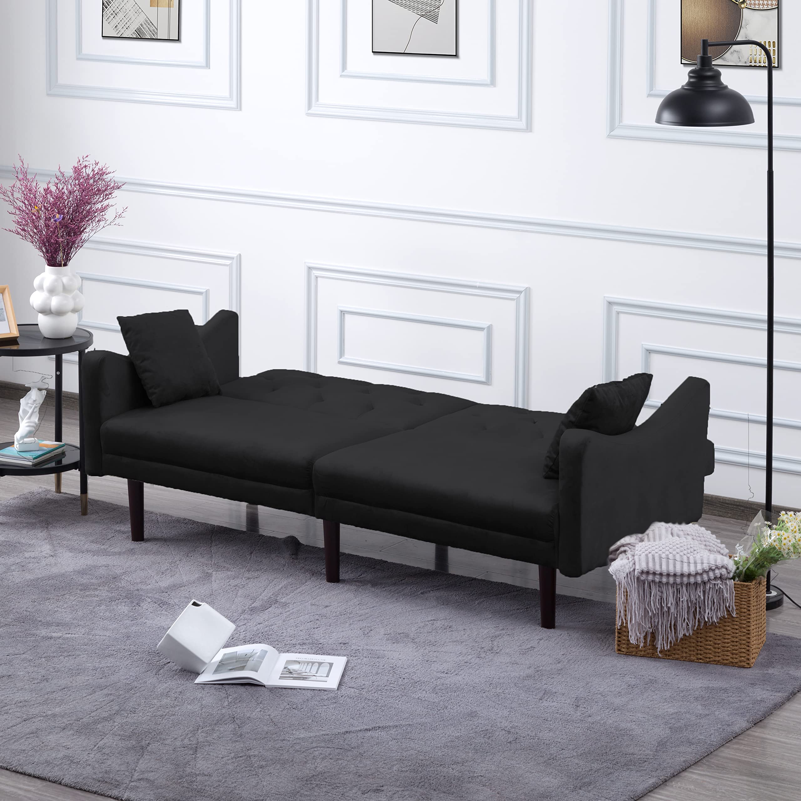 Modern Sleeper Upholstery Sofa Bed with Sturdy Wooden Frame & 2 Velvet Pillows - Convertible Futon for Small Spaces, Studio Apartments, Dorms & Living Room - Perfect for Overnight Guests & Space-Saving Solutions (Black)