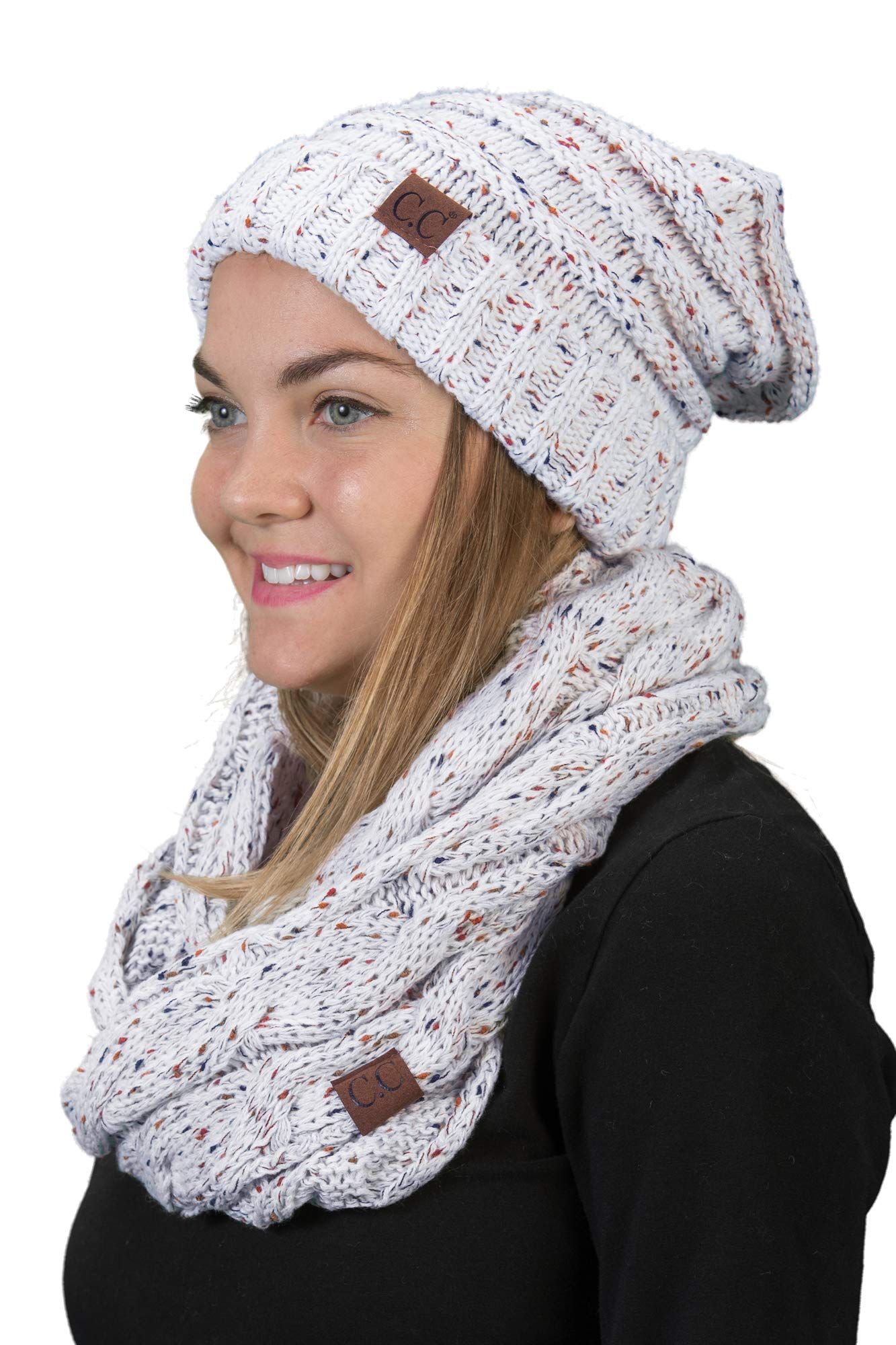 Funky Junque Matching 2-Pack: Oversized Beanie & Infinity Scarf Set - Confetti Ivory | Winter Accessories for Women, Cozy Outfit Combo for Cold Weather Fashion