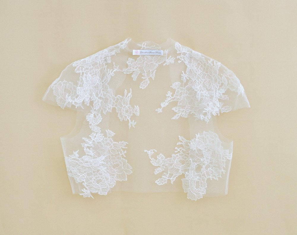 Elegant Amber French Lace & Tulle Cap Sleeve Bridal Bolero Shrug - Perfect for Weddings, Bridal Showers & Formal Events