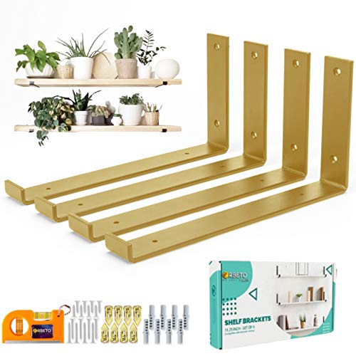 Orbeto 12 Inch Heavy Duty Shelf Brackets with Lip - 4 Pack for 11.25 Inch Floating Shelves - Rustic Industrial Farmhouse Style DIY Shelf Hardware - Includes Magnetic Level - Golden Finish - Perfect for Kitchen, Bathroom & Home Office Organization