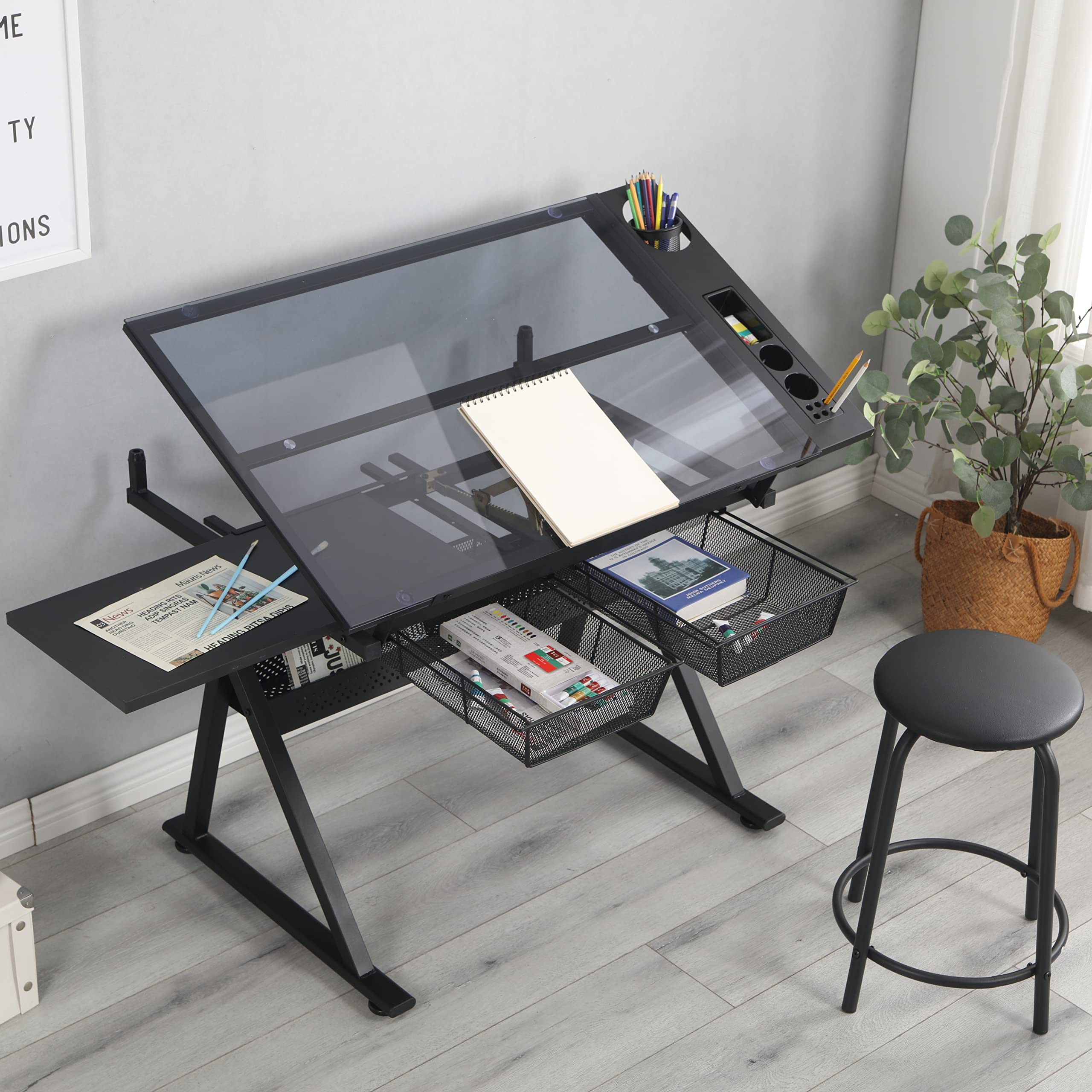 LOPOO Adjustable Height Drafting Table with Tempered Glass Top - 0-75° Tiltable Artist Drawing Desk & Chair Set, Black Glass - Perfect for Artists, Architects & Designers Studio Workspace