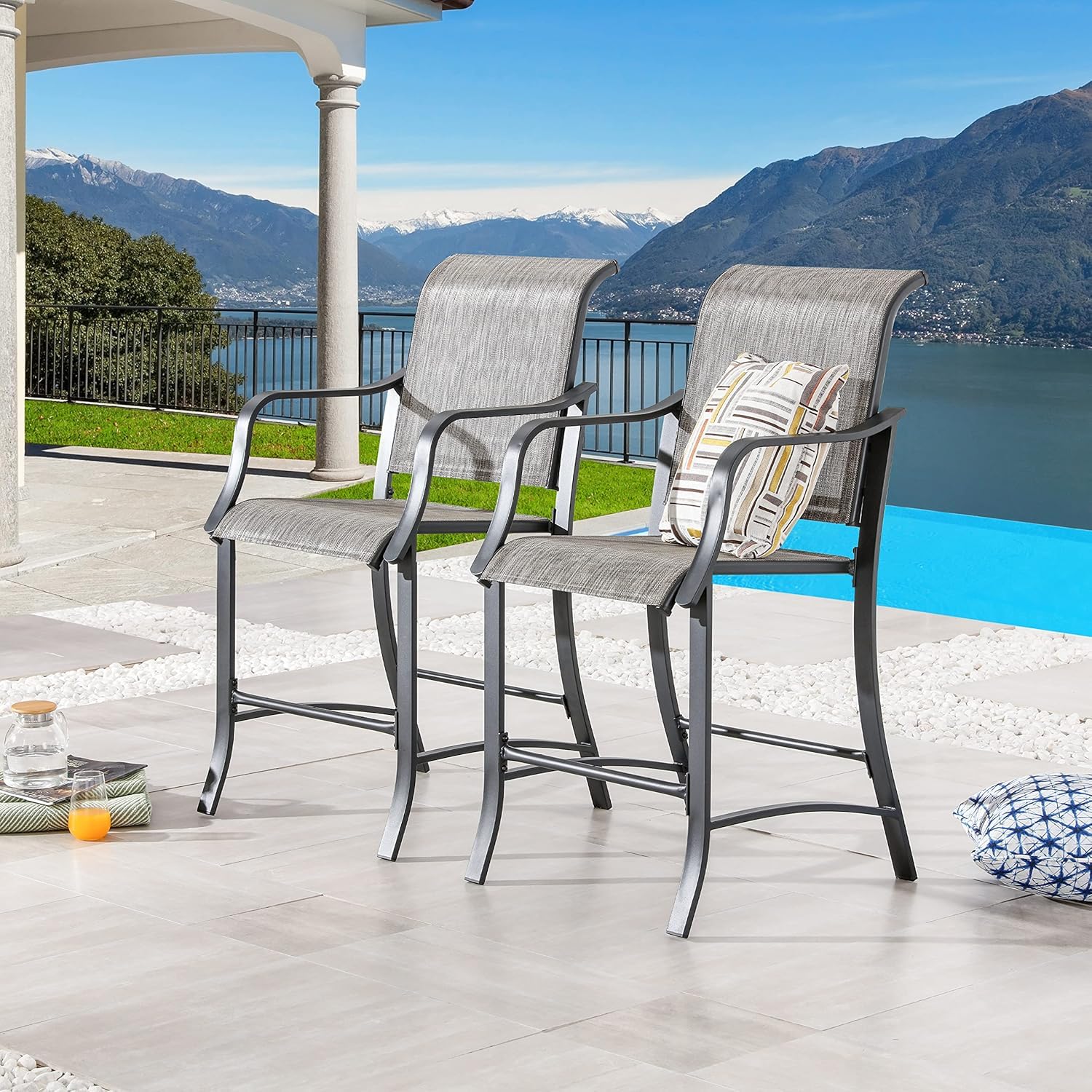 LOKATSE HOME 2-Piece Outdoor Counter Height Bar Stools Set - Metal Patio Armchairs with Backrest, Grey - Perfect for Backyard, Deck, Garden & Poolside Dining