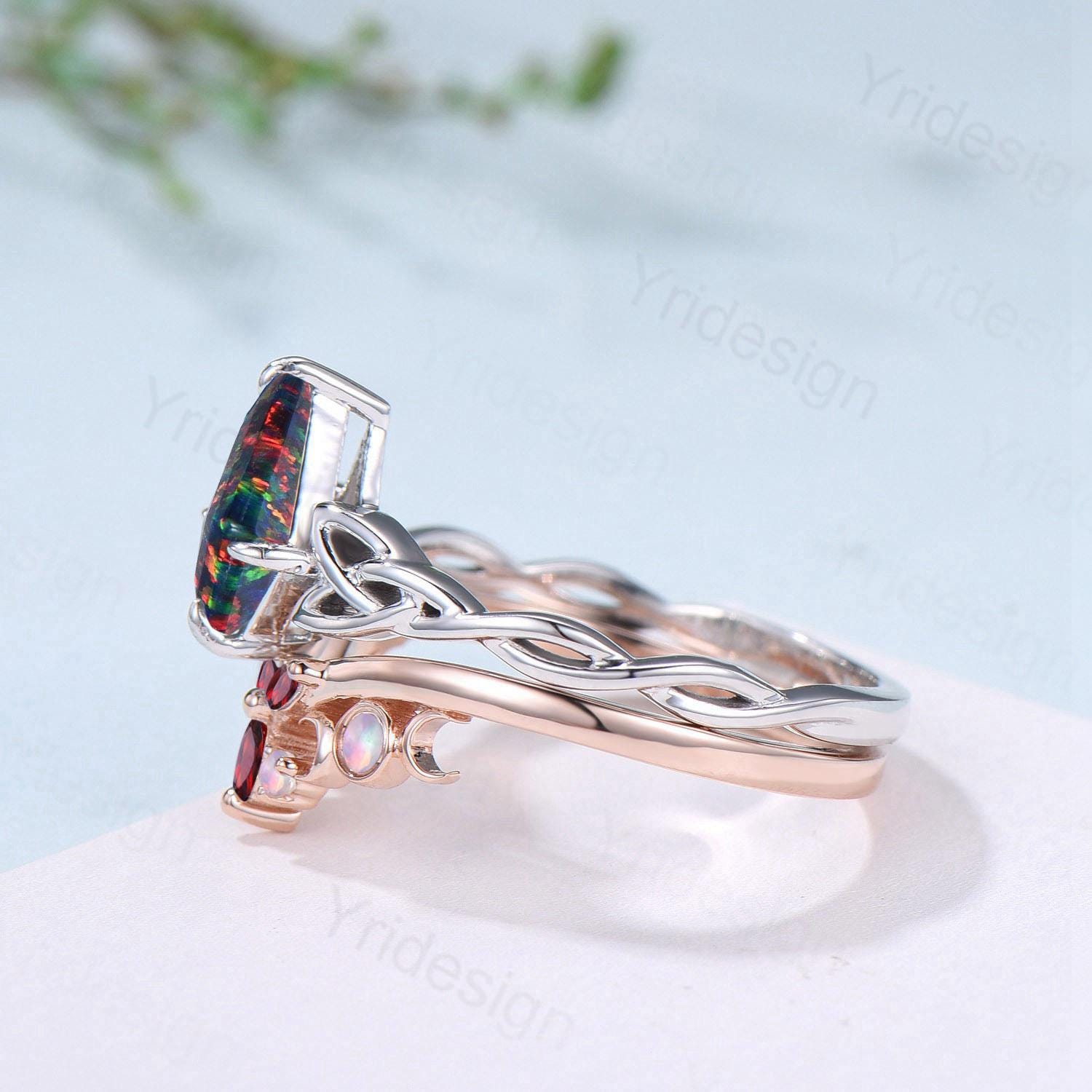 Viking Kite Cut Black Opal Engagement Ring Set - Unique Celtic Love Knot Wedding Band with Fire Opal & Ruby Accents - Vintage Twist Bridal Jewelry for Wedding, Anniversary & Romantic Gifts