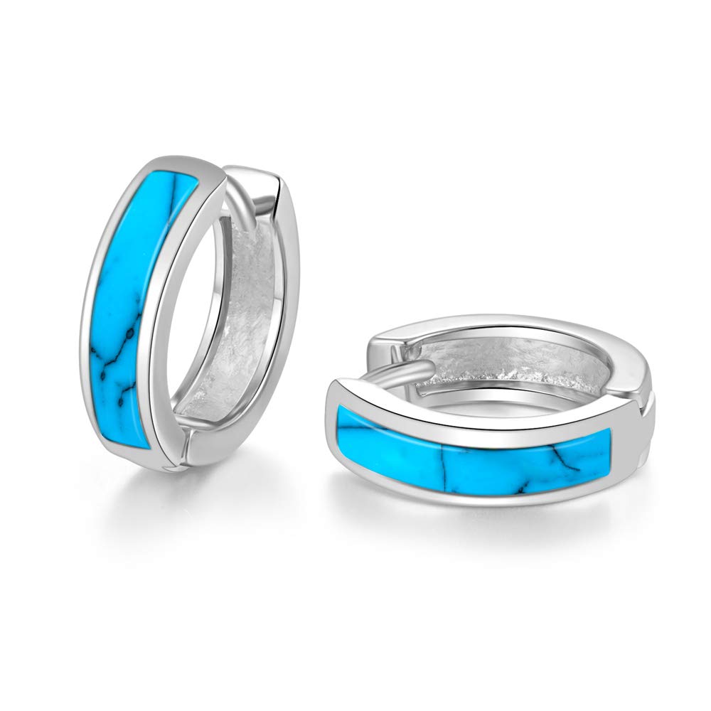 Sterling Silver Plated Small Hoop Earrings for Women & Men - Hypoallergenic Huggie Earrings with Turquoise Gemstone | Perfect for Sensitive Ears, Everyday Wear & Gift Giving