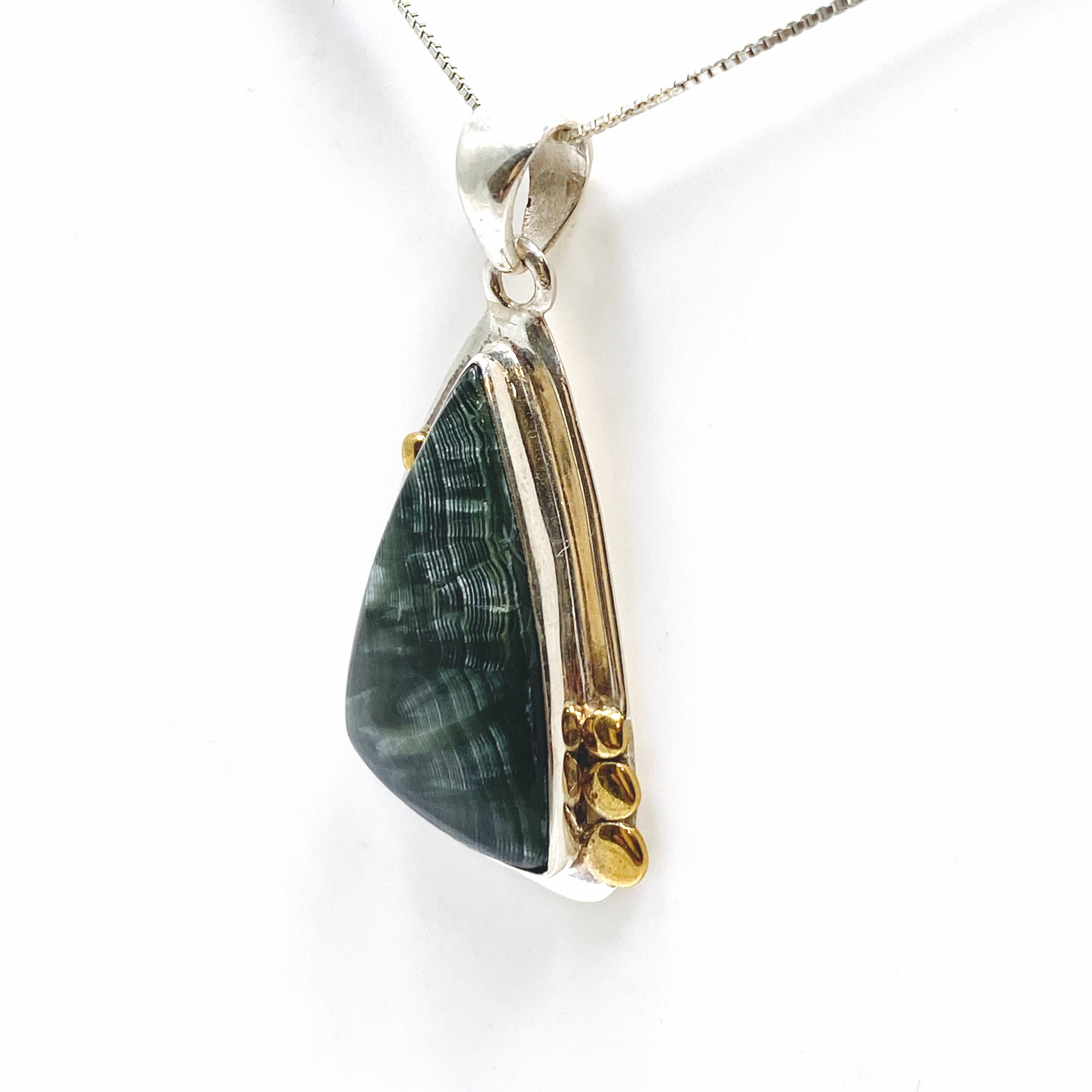Seraphinite Freeform Cabochon Pendant - Handmade Silver Jewelry with Decorative Setting KPGJ4846 | Perfect for Spiritual Healing, Meditation & Unique Gift Giving