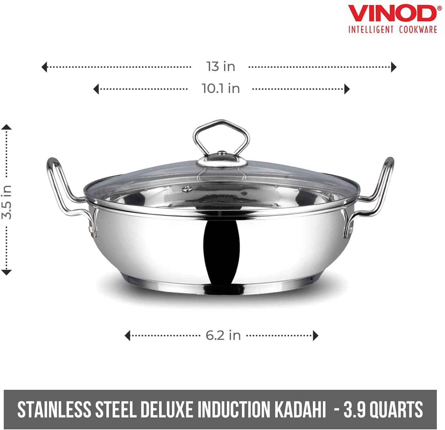 Vinod Induction Friendly Stainless Steel Kadai with Glass Lid - 26cm, 3.7 Liters - Perfect for Indian Cooking, Curry, Stews & Deep Frying