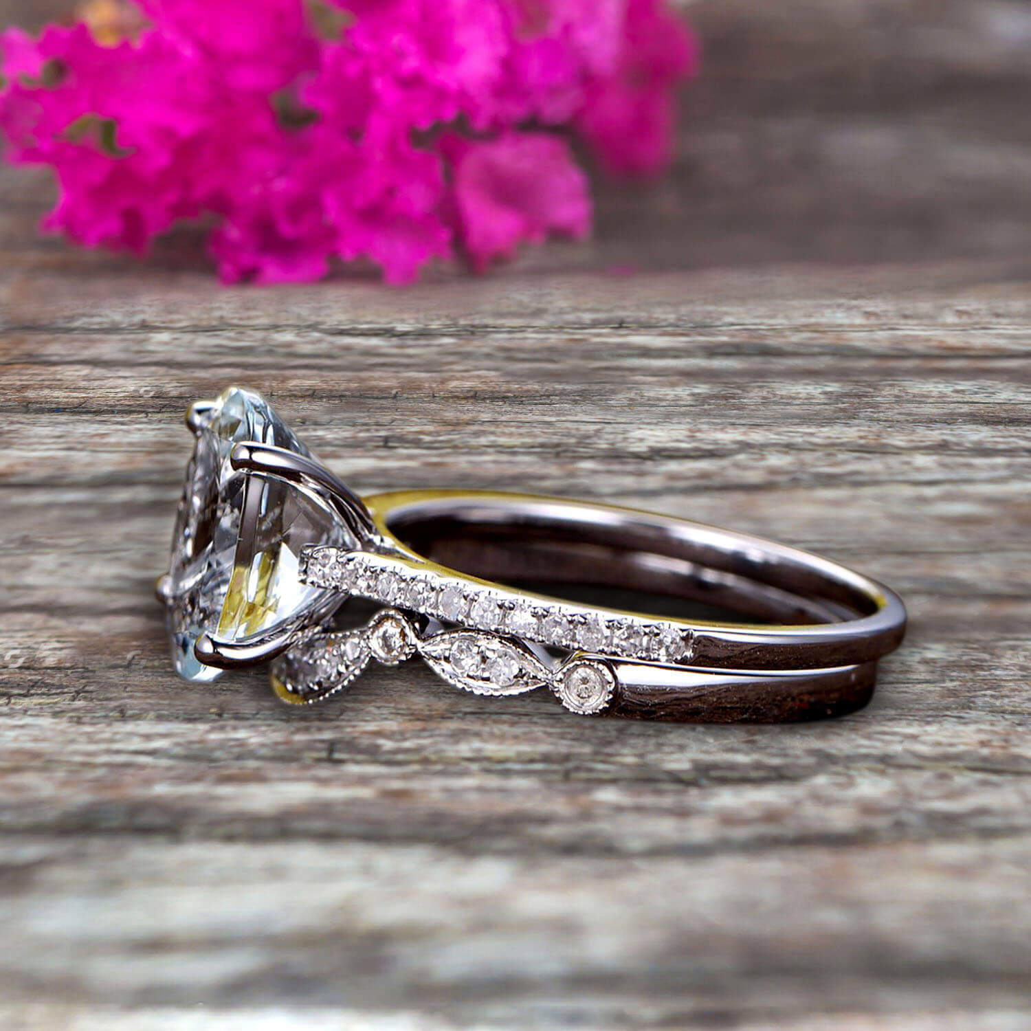 1.5 Carat Oval Cut Aquamarine Engagement Ring Set with Matching Band in 10k White Gold - Art Deco Curved Stacking Ring for Wedding, Anniversary & Proposal Gifts - Perfect for Bridal Jewelry & Special Occasions