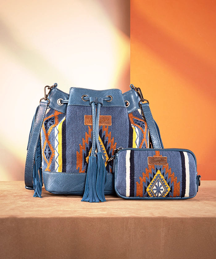 Wrangler Aztec Knitted Bucket Bag Set for Women - Boho Chic Crossbody Purse with Adjustable Strap - Perfect for Travel, Shopping & Everyday Use