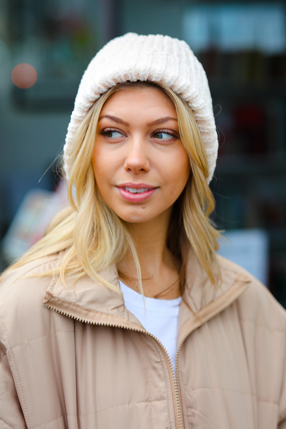 Soft Cream Knit Velvet Chenille Fold Over Beanie for Women - Winter Warm Slouchy Hat for Outdoor Activities, Skiing & Casual Wear
