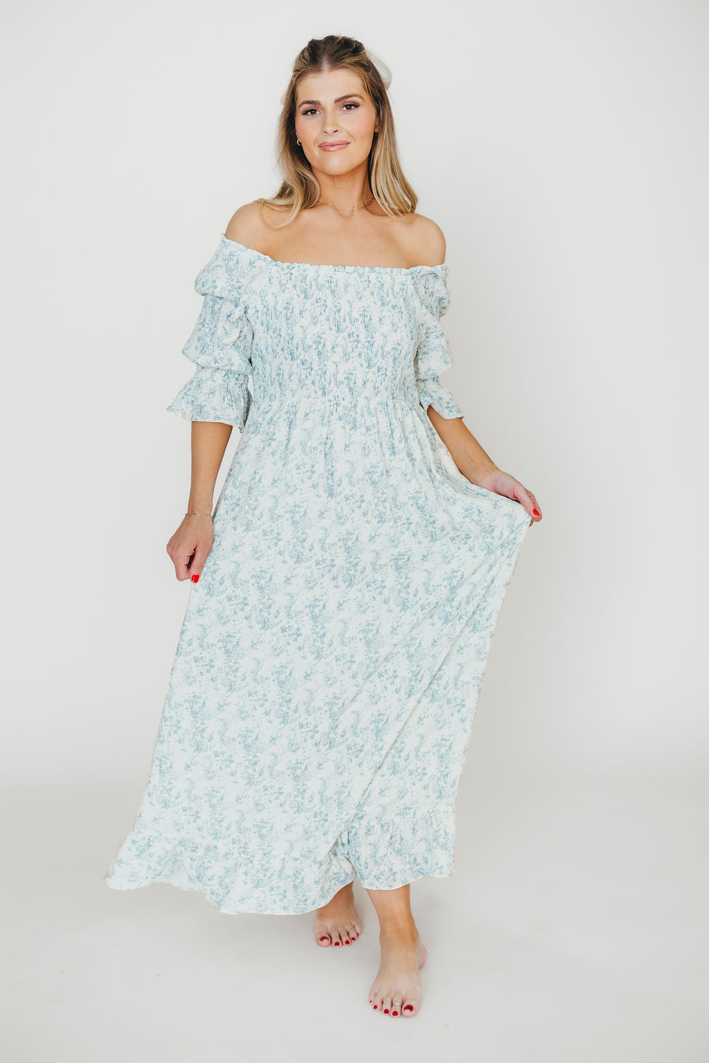 Sienna 100% Cotton Puff Sleeve Maxi Dress - Blue Floral Print Maternity Dress for Pregnancy | Bump Friendly, Comfortable & Stylish for Summer, Beach, Vacation & Special Occasions