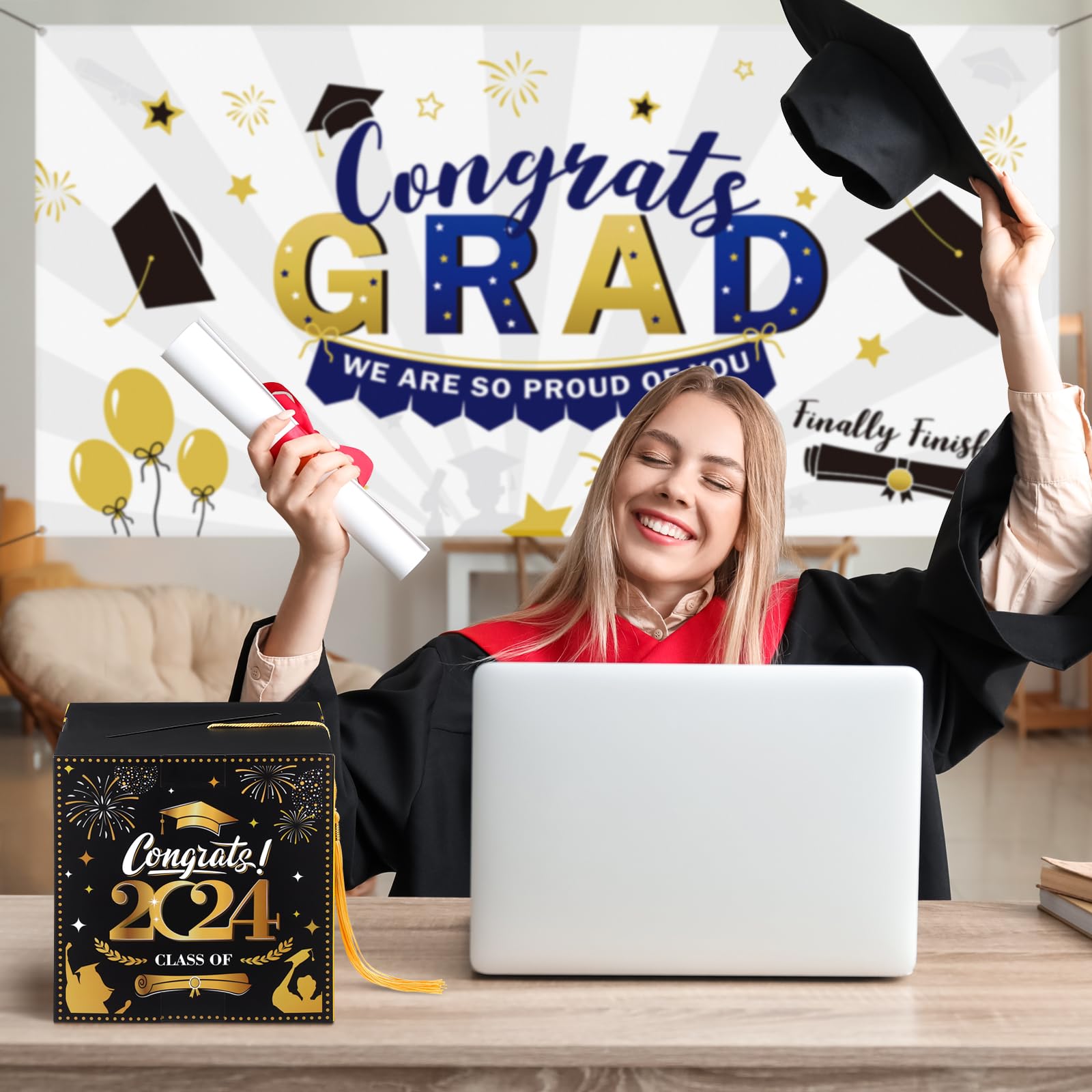 2024 Graduation Cap Shaped Card Holder Box - Elegant Black & Gold Graduation Party Decor for Congrats Grad Party Favors & Graduation Supplies | Perfect for Graduation Ceremonies, Open House Events & Photo Booth Backdrops