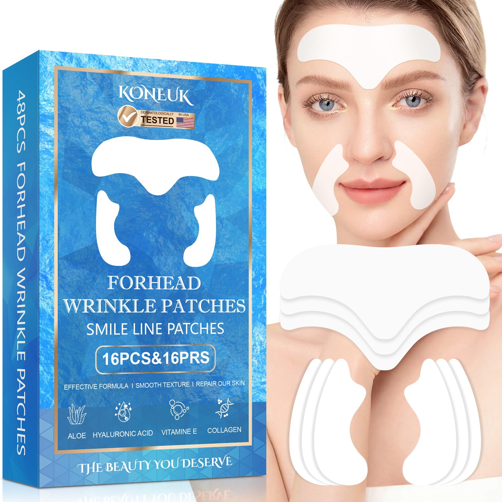 16Pcs Anti-Wrinkle Forehead Patches & 32Pcs Smile Line Patches - Collagen & Vitamin E Infused for Wrinkle Reduction - Perfect for Overnight Treatment & Daily Skincare Routine