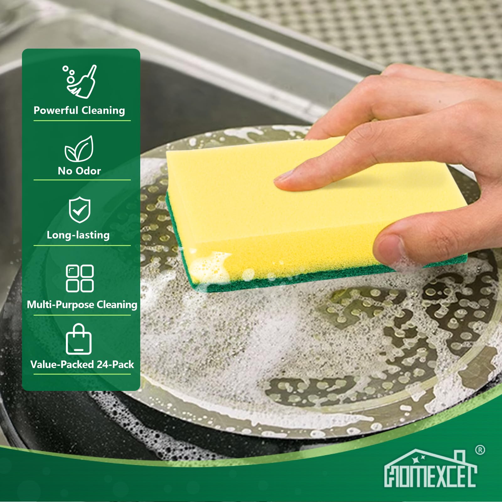 HOMEXCEL Heavy Duty Scrub Sponges 24 Pack - Extra Durable Kitchen Cleaning Sponges for Dishes, Pots, Pans & Household Cleaning - Perfect for Deep Cleaning & Everyday Use in Kitchen, Bathroom & Garage