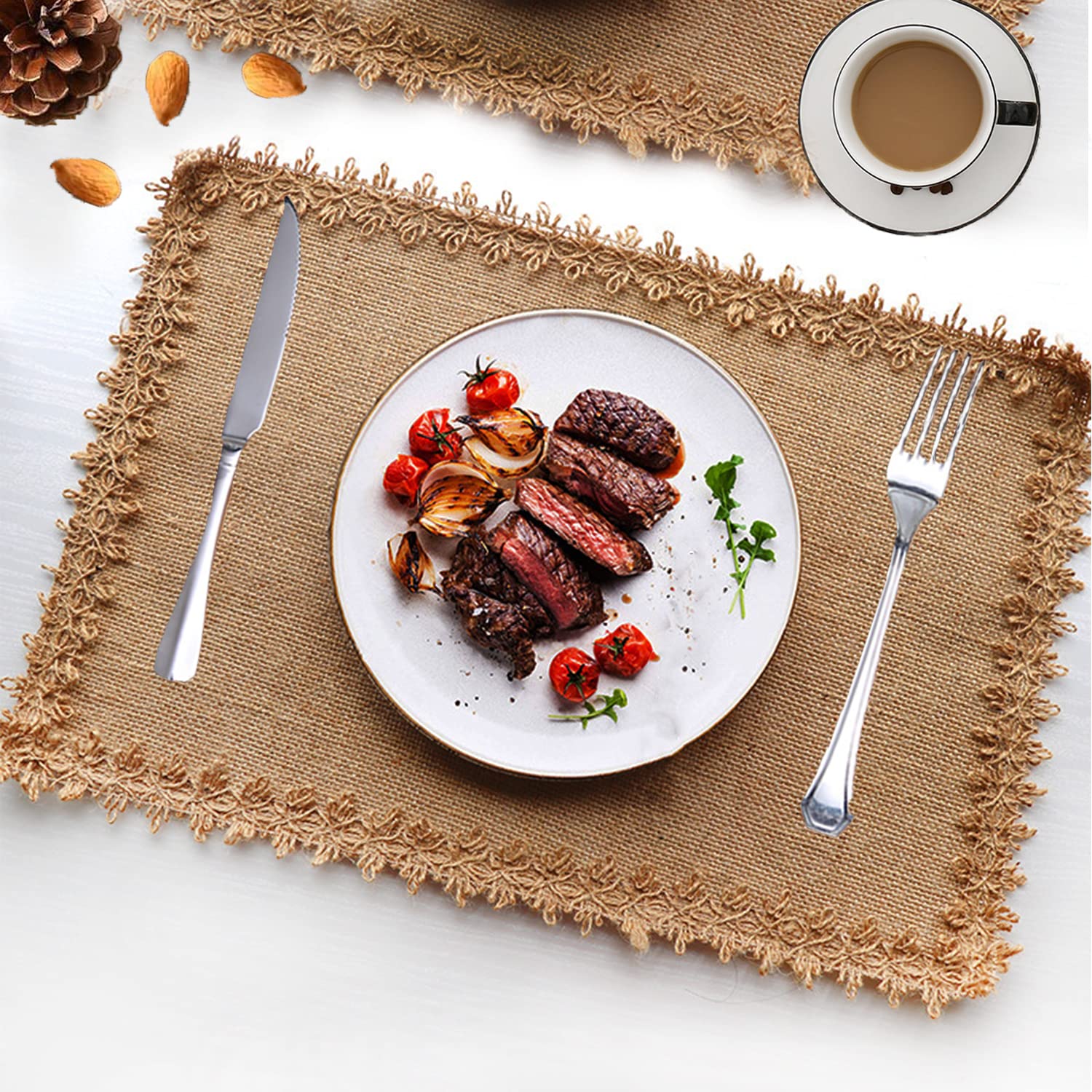 Boho Jute Lace Placemats Set of 4 - Washable Burlap Farmhouse Table Mats for Dining, Kitchen & Parties | Heat-Resistant Linen Cafe Placemats for Everyday Use & Entertaining