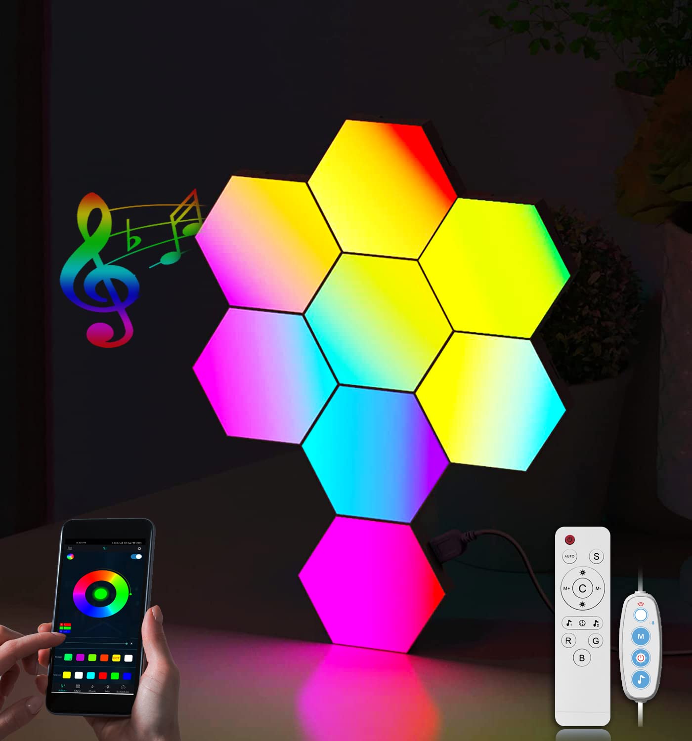 Selfila Music Sync DIY Hexagon Lights - Smart RGB Wall Light with App & Remote Control, Hexagonal Modular Gaming LED Panels for Bedroom, Kids Room Decor (8 Pack) - Perfect for Gaming Setups, Party Lighting & Home Decoration