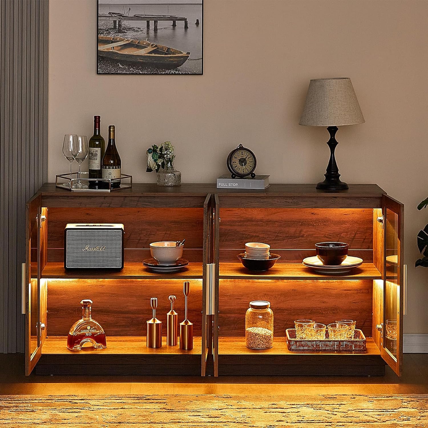AMERLIFE Modern Sideboard Buffet Cabinet with LED Lights & Glass Doors - Adjustable Shelf Storage Console Table for Dining & Living Room - Barnwood & Brown Accent Furniture (Perfect for Home Decor, Entertaining & Displaying Collectibles)