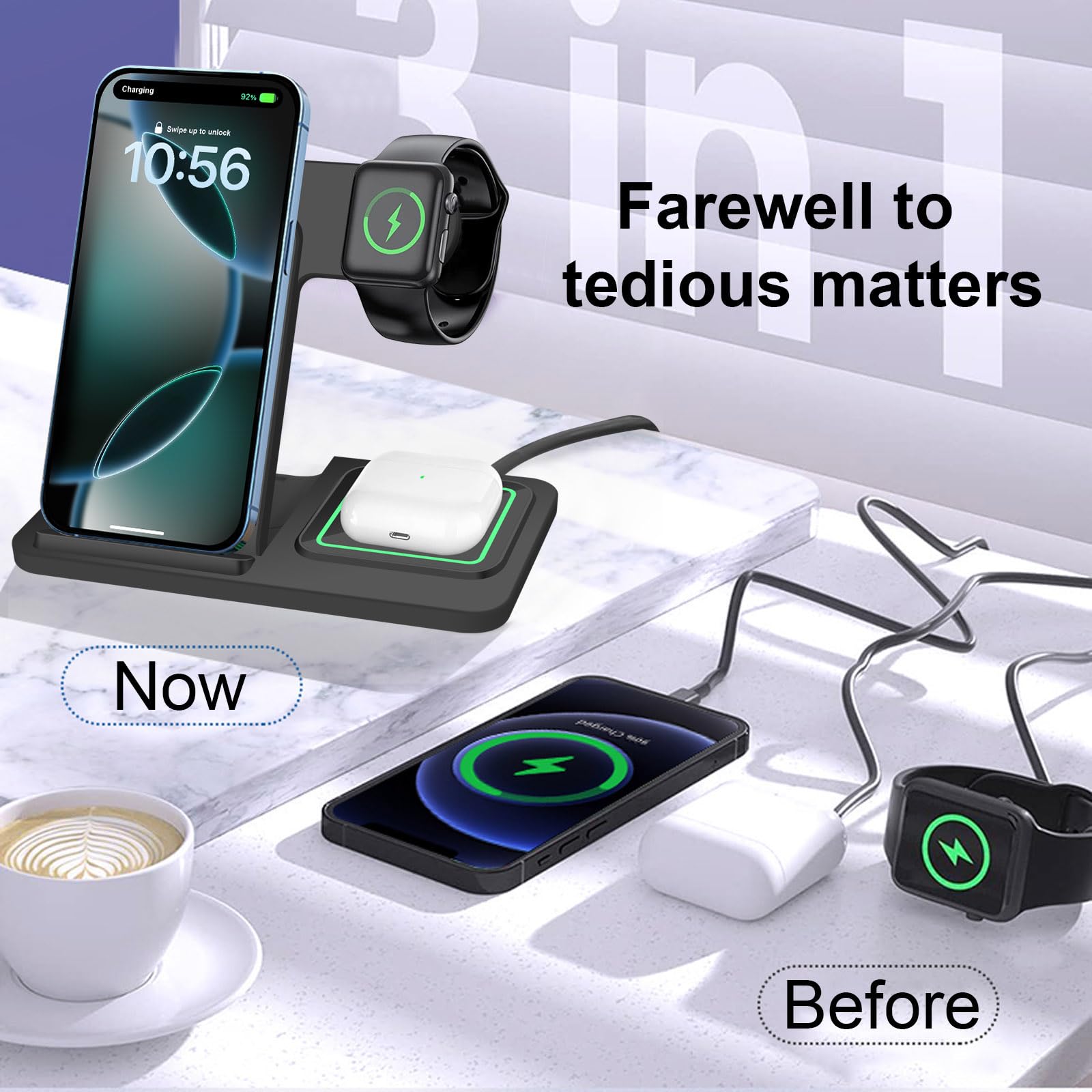 3-in-1 Wireless Charging Station Stand - 15W Fast Charger for iPhone 16/15/14/13/12/11 Pro Max, XS/XR/8 Plus, AirPods & Apple Watch Series 10-3/Ultra 2 | Multi-Device Charging Dock for Home, Office & Nightstand Use