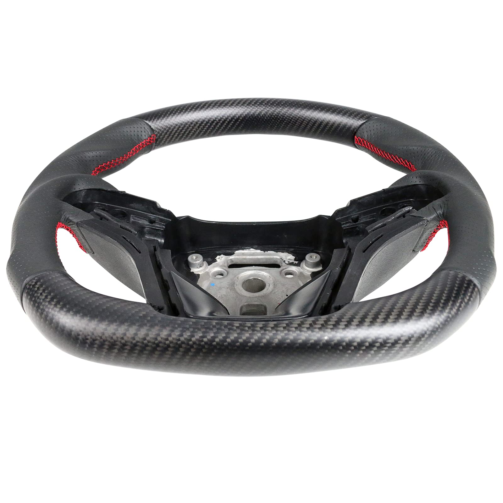 FREEMOTOR802 Matte Carbon Fiber & Perforated Leather Steering Wheel with Red Stitching - Compatible with 2012-2015 Chevrolet Camaro, Brushed Aluminum Trim Kit | Upgrade Your Ride for Sporty Driving & Luxury Feel