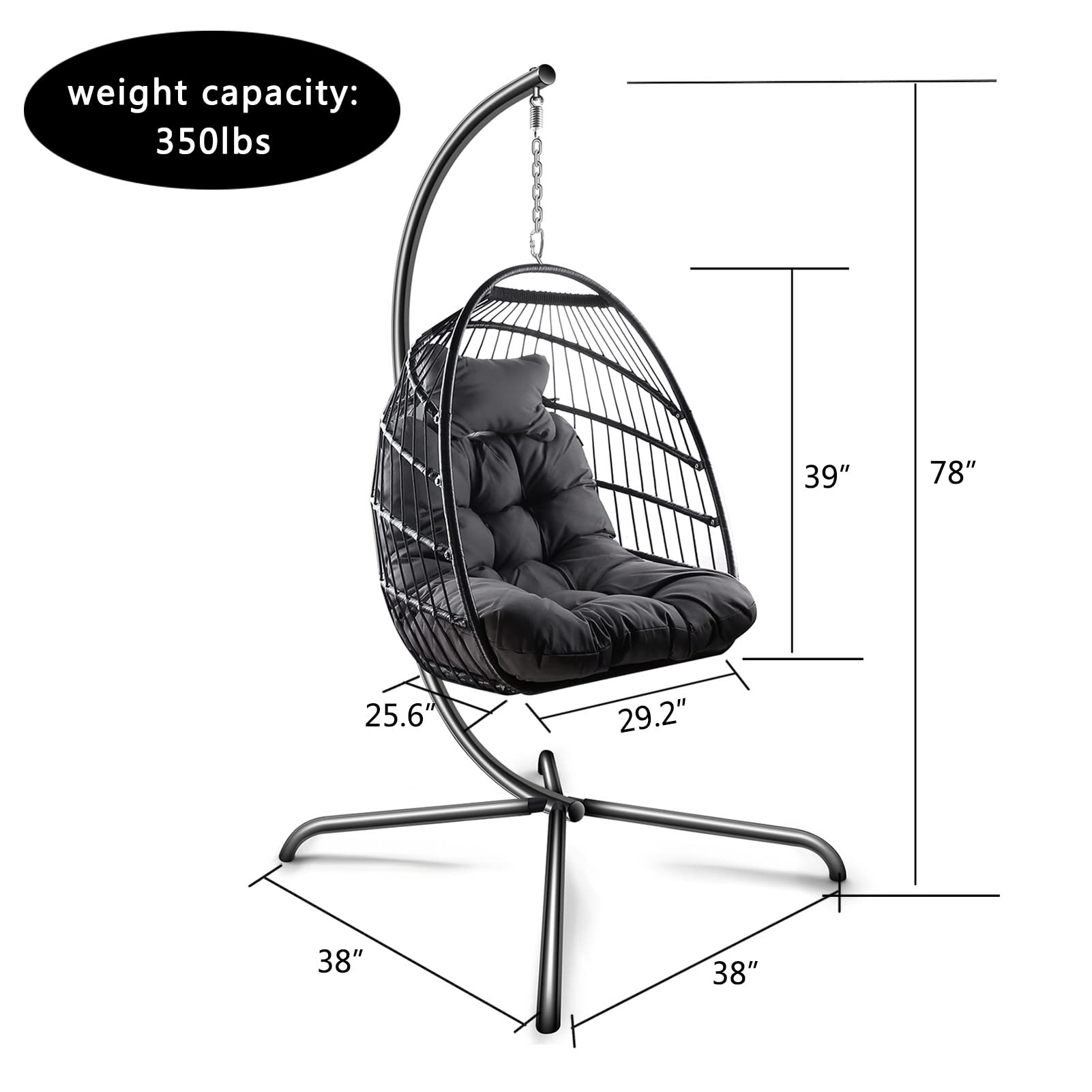 Indoor Outdoor Hanging Swing Egg Chair with Stand - Wicker Rattan Patio Basket Hammock Chair with Metal Frame, Cushion & Pillow - 350LBS Capacity - Perfect for Backyard, Garden, Balcony & Porch Relaxation