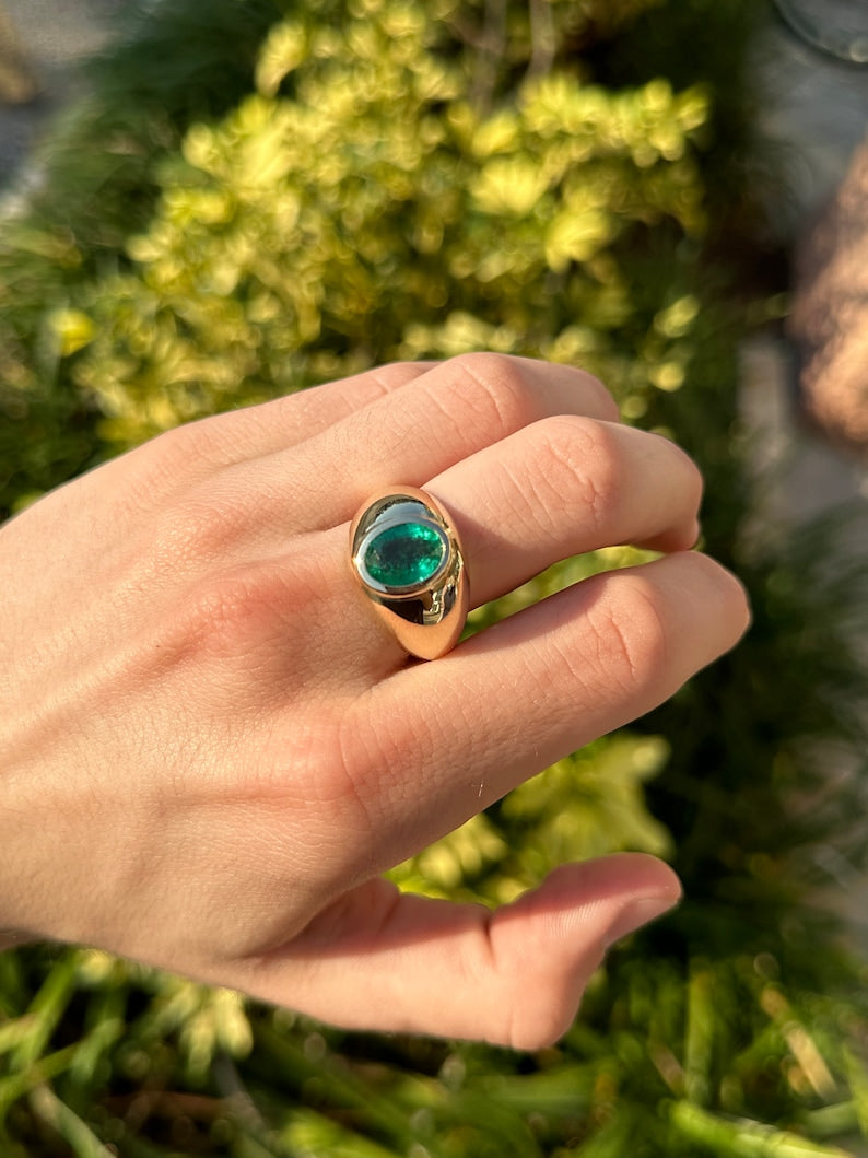 2.60ct 14K Gold Men's Chunky Solitaire Oval Cut Natural Medium Dark Green Emerald Statement Ring for Wedding, Engagement & Special Occasions