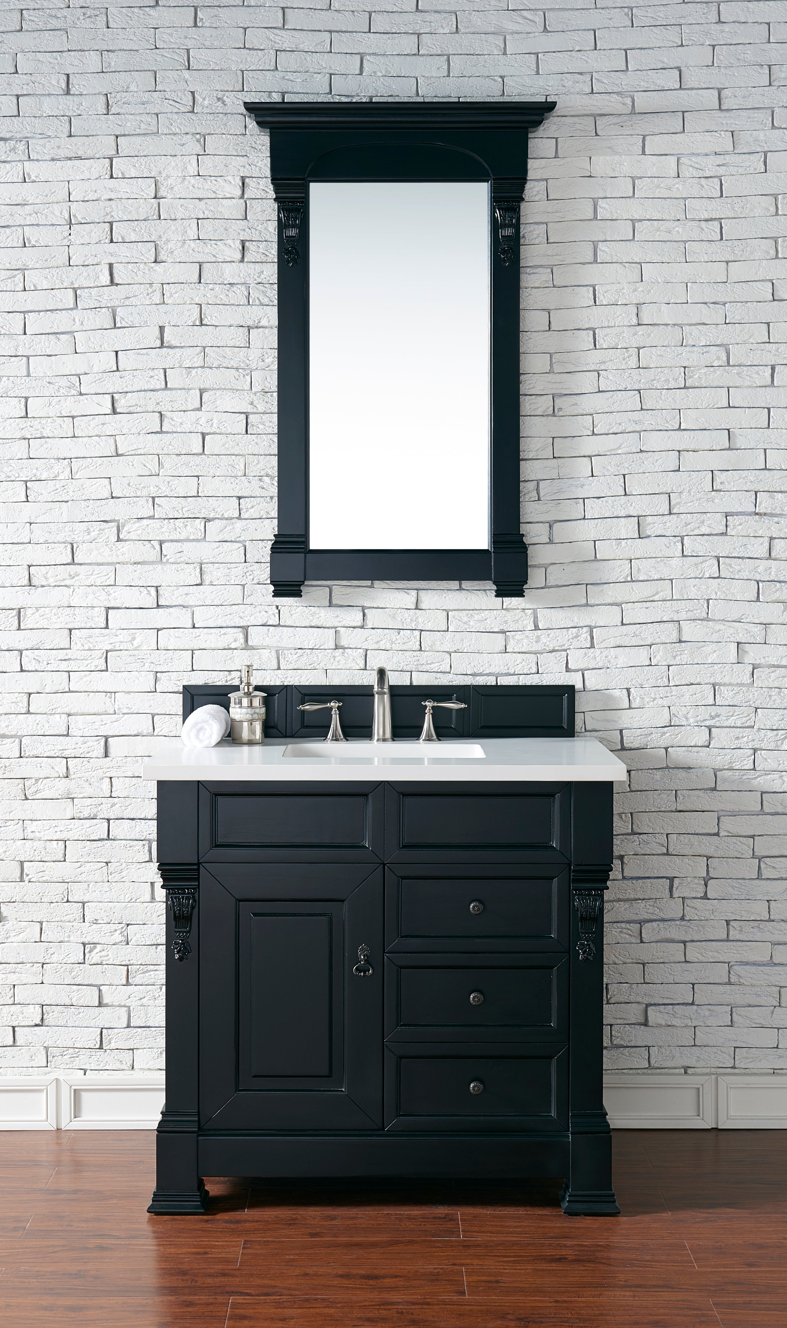 Brookfield 36 Inch Single Bathroom Vanity Set - Antique Black Finish with 3CM White Zeus Quartz Countertop | Perfect for Modern & Traditional Bathroom Remodels