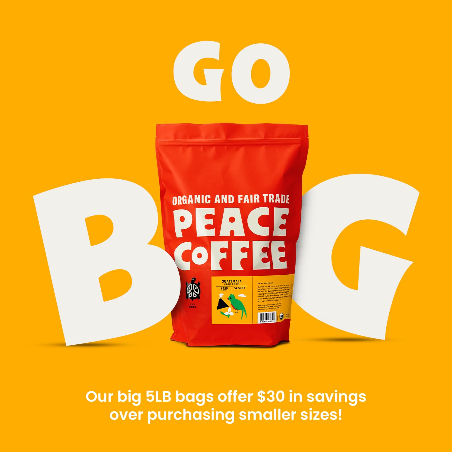 Organic Fair Trade Peace Coffee Guatemala Single Origin - 5 lb Ground Dark Roast with Rich Chocolatey Flavor | Shade Grown & Fresh Roasted | Perfect for Home Brewing, Office Use & Gift Giving