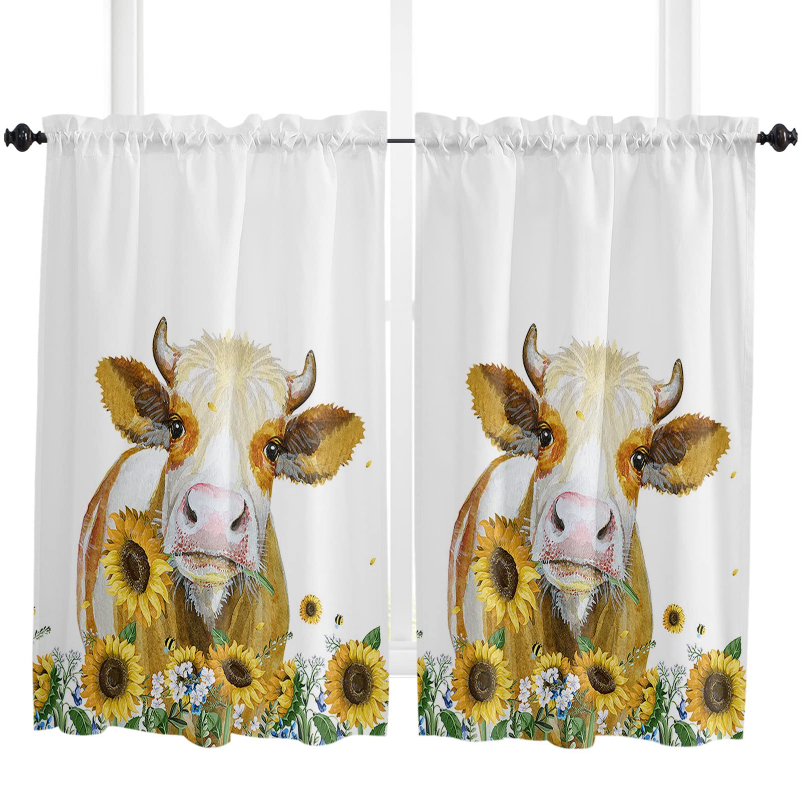 Farmhouse Animal Cow & Sunflower Kitchen Curtains - 54 Inch Length, White Short Cafe Tier Drapes with Rod Pocket - Set of 2 Panels (84x54 Inches) - Perfect for Farmhouse, Country Kitchen & Spring Home Decor