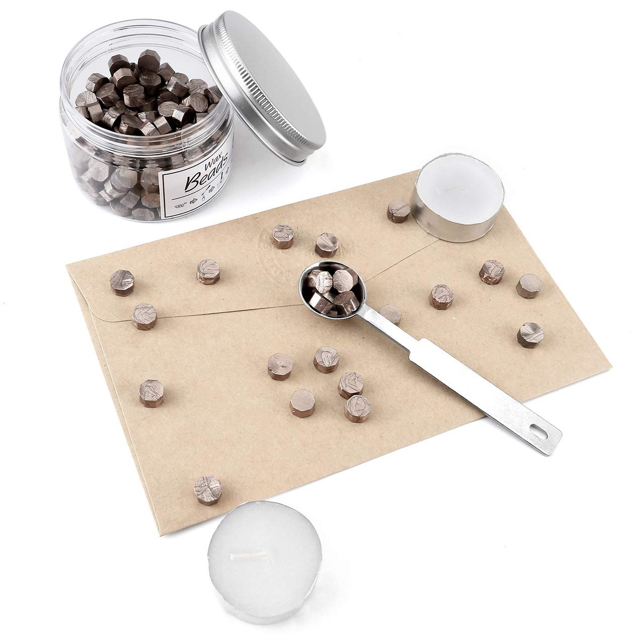 Yoption 210-Piece Champagne Gold Sealing Wax Beads Kit - Octagon Wax Seal Beads with Candles & Melting Spoon for Wax Seal Stamps | Perfect for Wedding Invitations, Diplomas, Gift Wrapping & Vintage Letter Sealing
