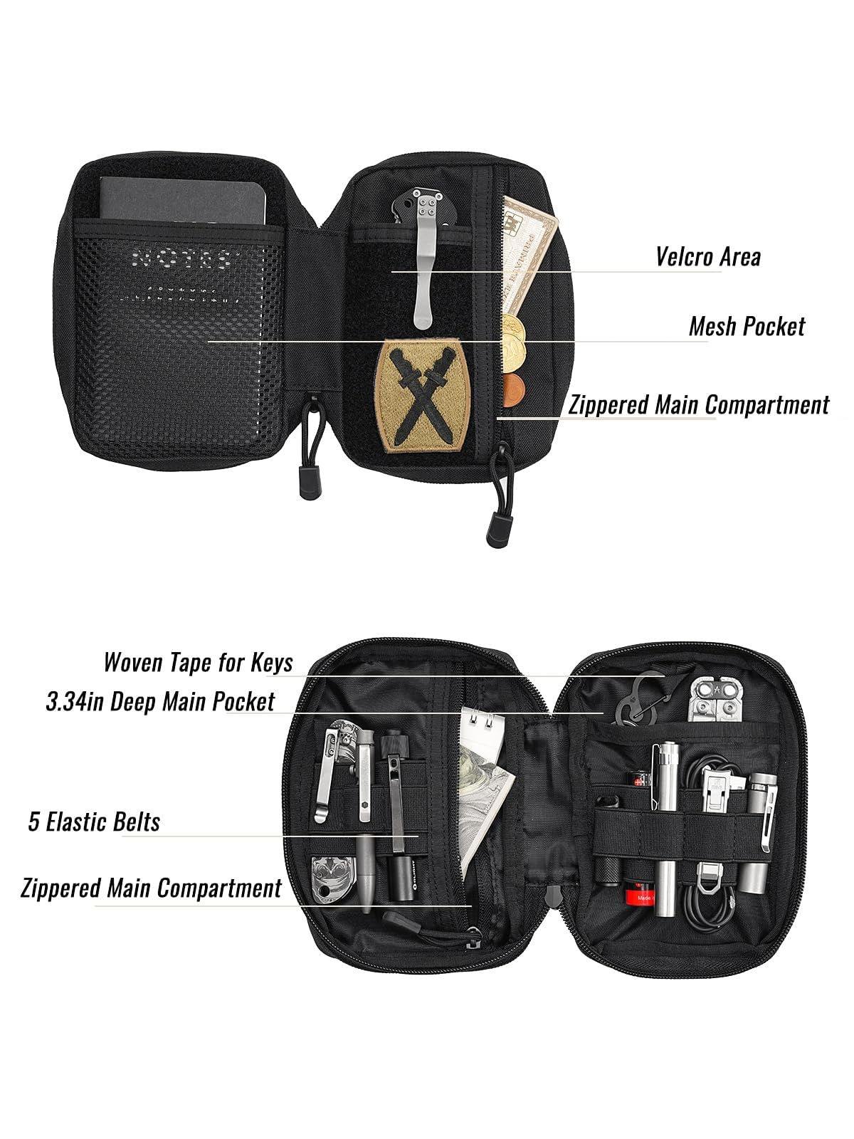 Sayram SP5 EDC Tactical Pouch - Compact Tool Organizer with Hook & Loop Closure, 6 Zippered Pockets for Multitools & Gear - Perfect for Everyday Carry, Camping, Hiking & Outdoor Adventures - Black