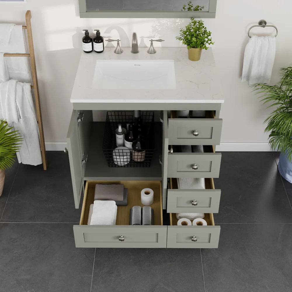 Eviva Acclaim 30 Inch Bathroom Vanity with Carrara Quartz Countertop - Modern White Bathroom Sink Cabinet for Small Spaces, Perfect for Powder Rooms and Guest Bathrooms