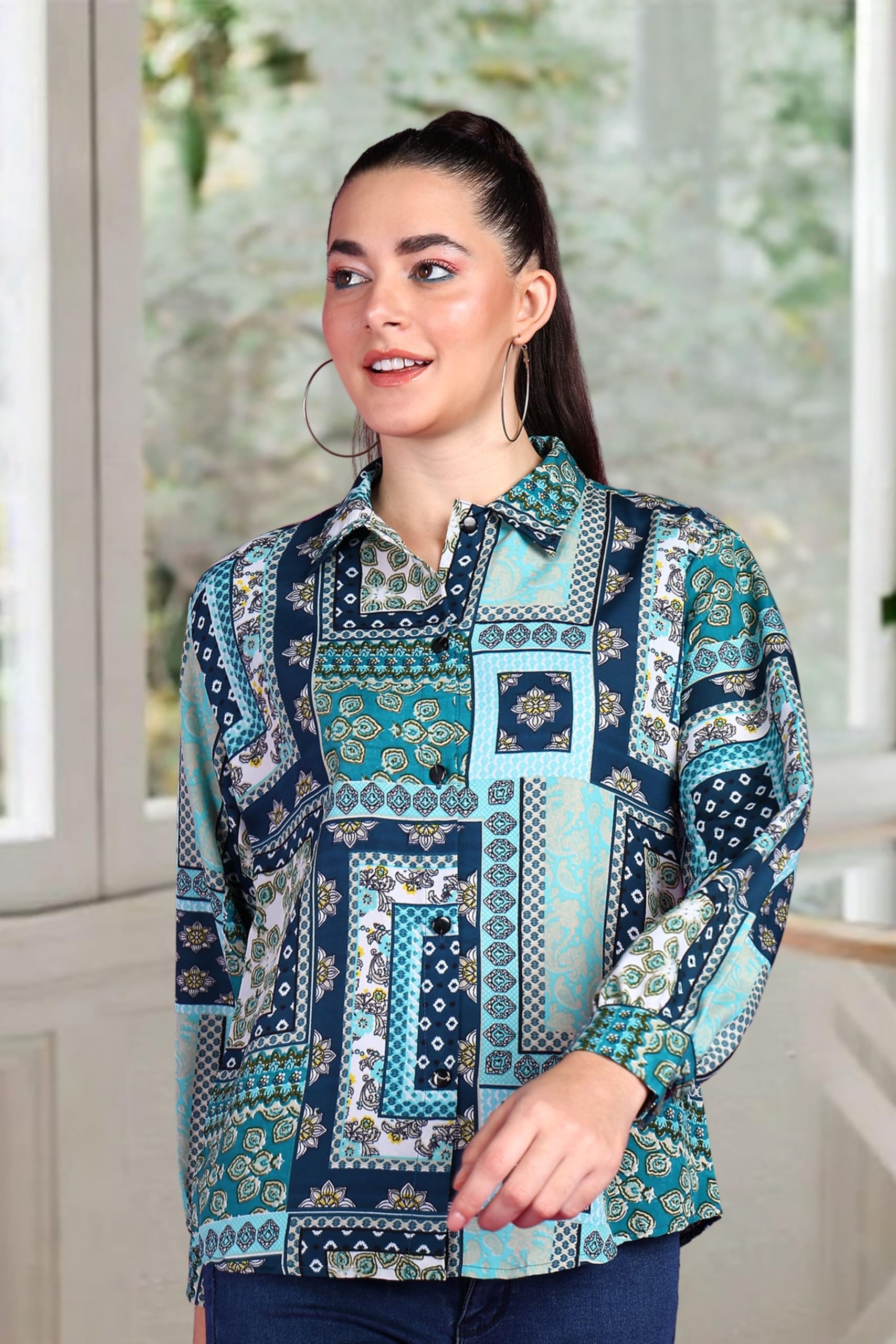 POPWINGS Women's Casual Sky Blue Floral Print Button Down Shirt - Long Sleeve Collared Blouse for Work, Office & Everyday Wear | Trendy Regular Fit Tops for Spring Summer Outfits