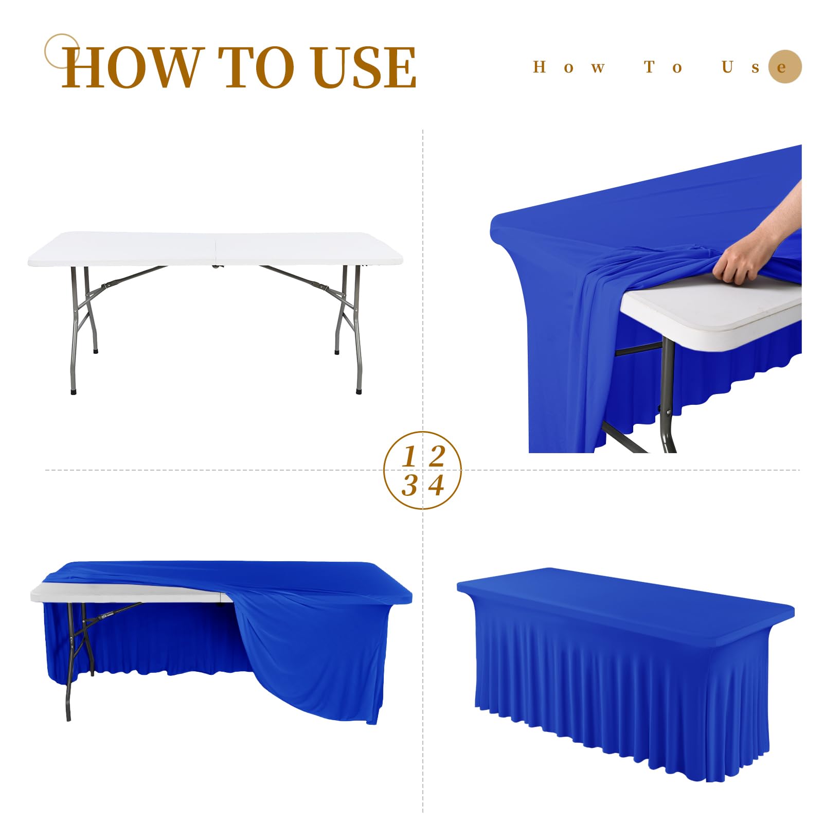 4 Pack 6ft Spandex Table Skirts - Stretchable Wrinkle-Resistant Fitted Tablecloth & Table Skirt Set for Rectangle Tables - Perfect for Tradeshows, Restaurants, Weddings, Banquets, Parties & Events (Royal Blue) - Ideal for Buffet Tables, Banquet Halls & Event Decorations