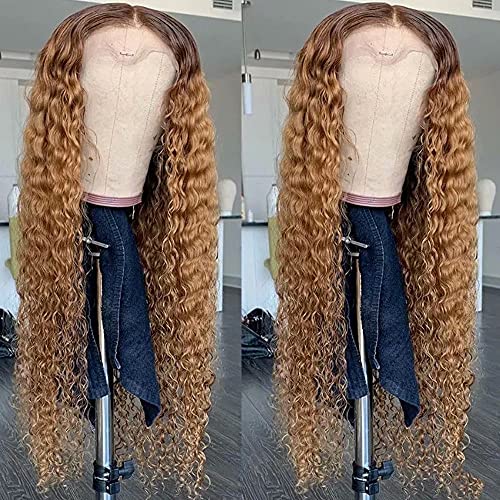 180% Density Ombre Brown Blonde Kinky Curly 13x6 HD Lace Front Human Hair Wig - Pre Plucked Bleached Knots Glueless Water Wave 20 Inch for Women | Perfect for Daily Wear, Cosplay & Special Occasions
