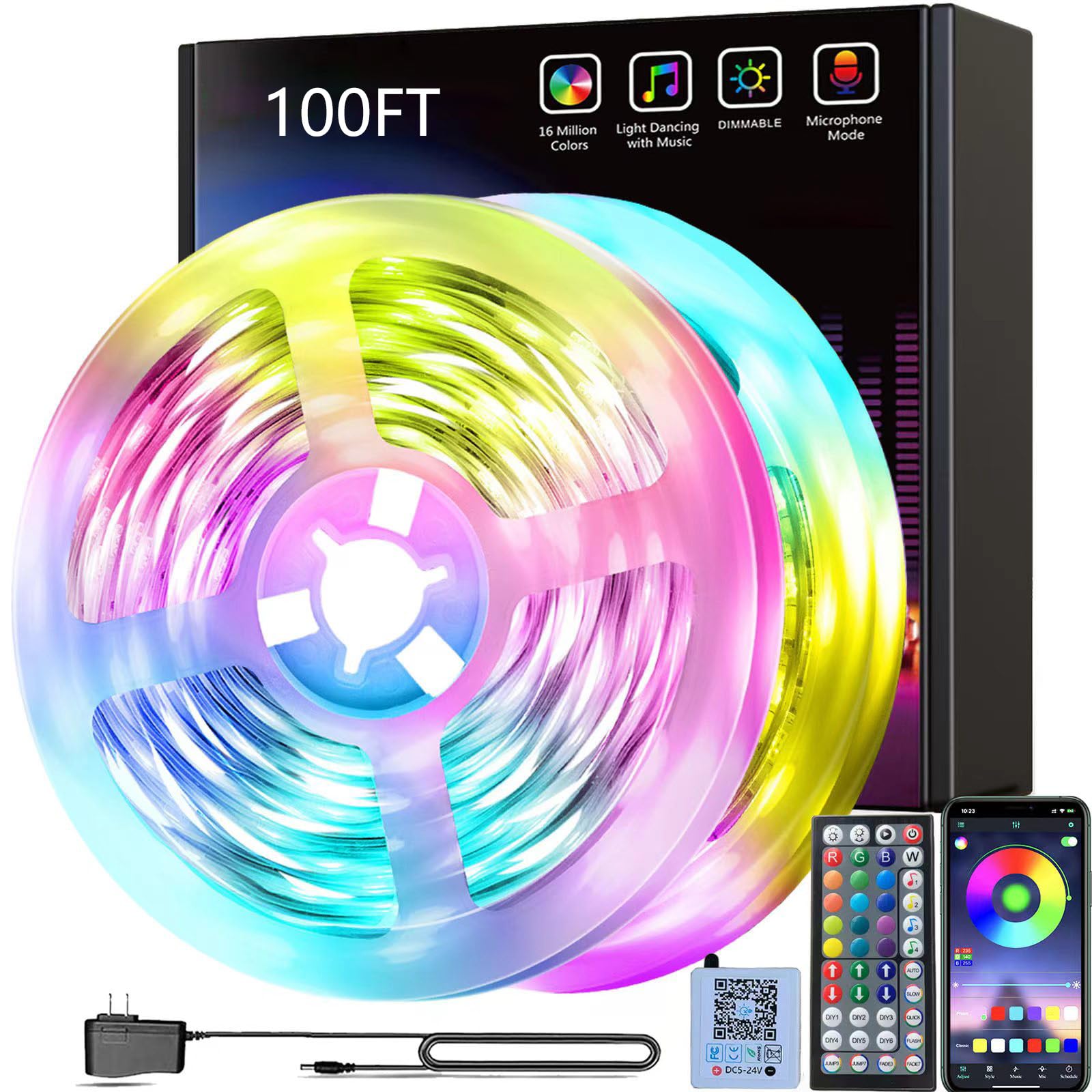 SmartReal 100ft LED Strip Lights (2 Rolls of 50ft) - Color Changing RGB LED Lights with App Control for Bedroom, Kitchen, Home Decoration - Perfect for Mood Lighting, Parties & Room Decor