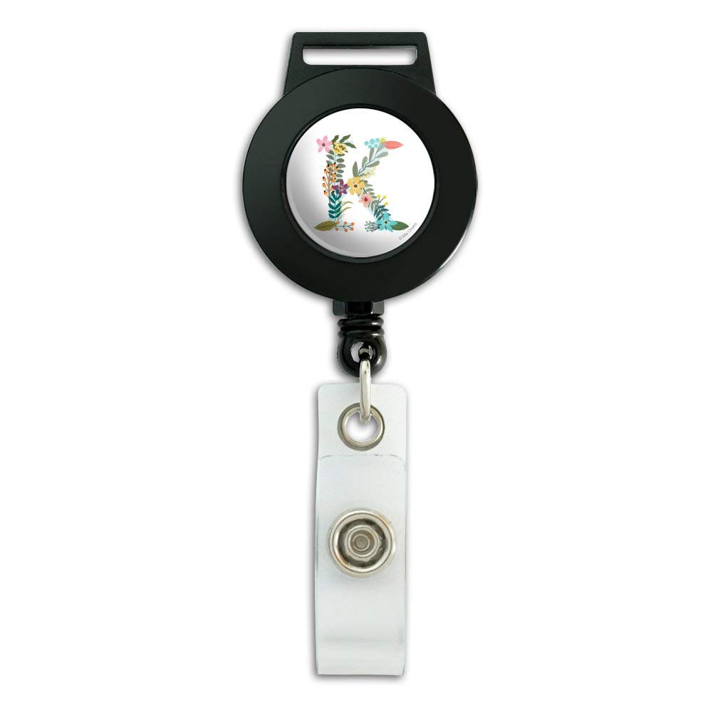 Floral Monogram Letter K Lanyard with Retractable Reel - Elegant ID Badge Holder for Work, School & Events