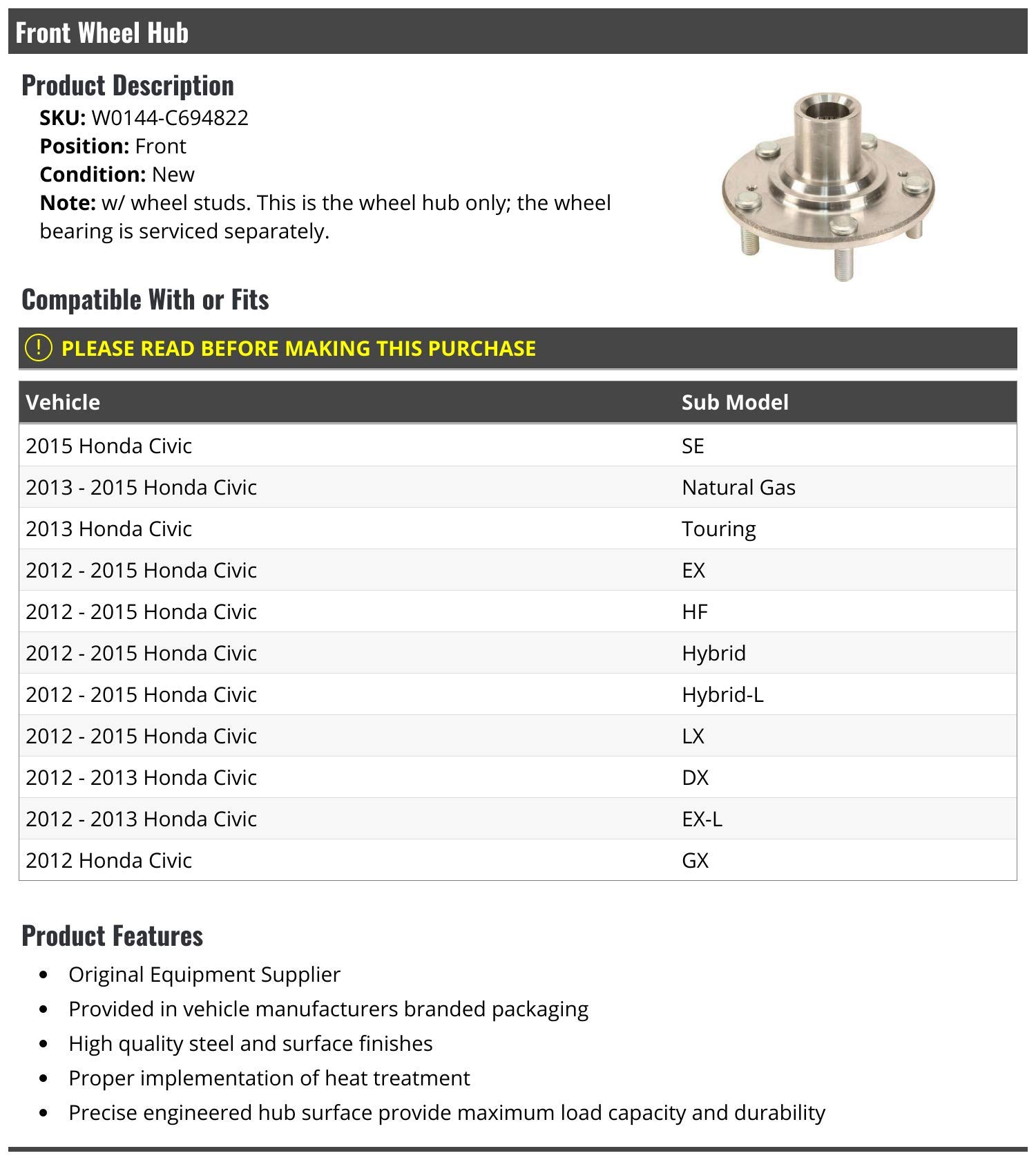 High-Quality Front Wheel Hub with Ball Bearing - Steel Replacement for 2012-2015 Honda Civic - Perfect for Smooth Rides & DIY Auto Repairs