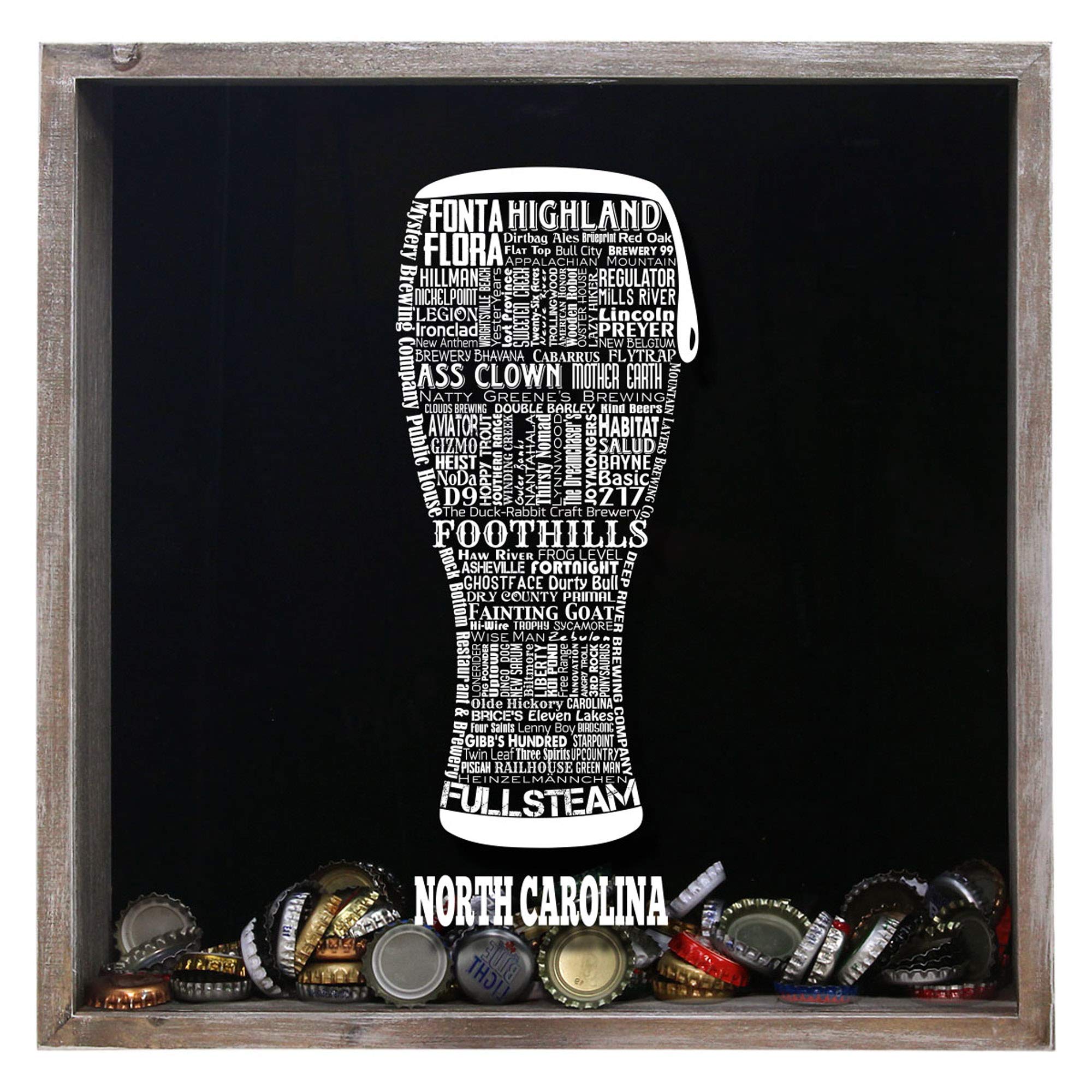 Torched Beer Cap Shadow Box Display - Vintage Typography Wall Mount Frame for Beer Lovers & Collectors | Unique Home Bar Decor & Man Cave Gift Idea | Perfect for North Carolina Craft Beer Enthusiasts & Memorabilia Display